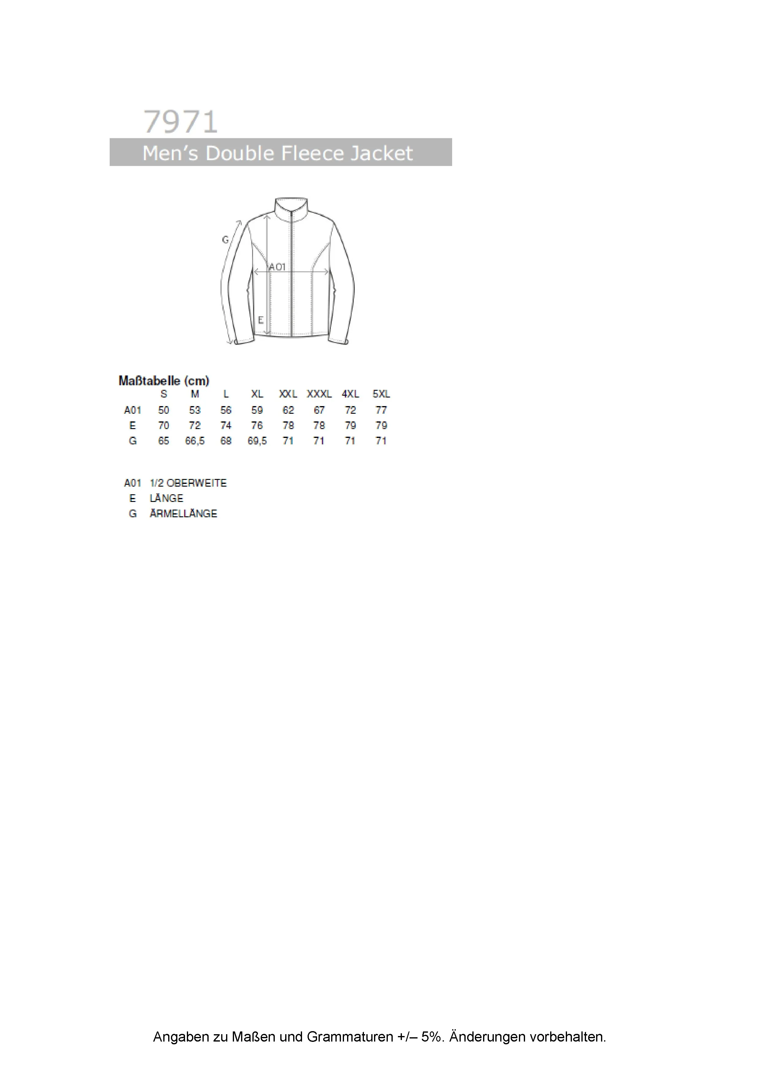 Größentabelle für Men´s Double Fleece Jacket – E7971