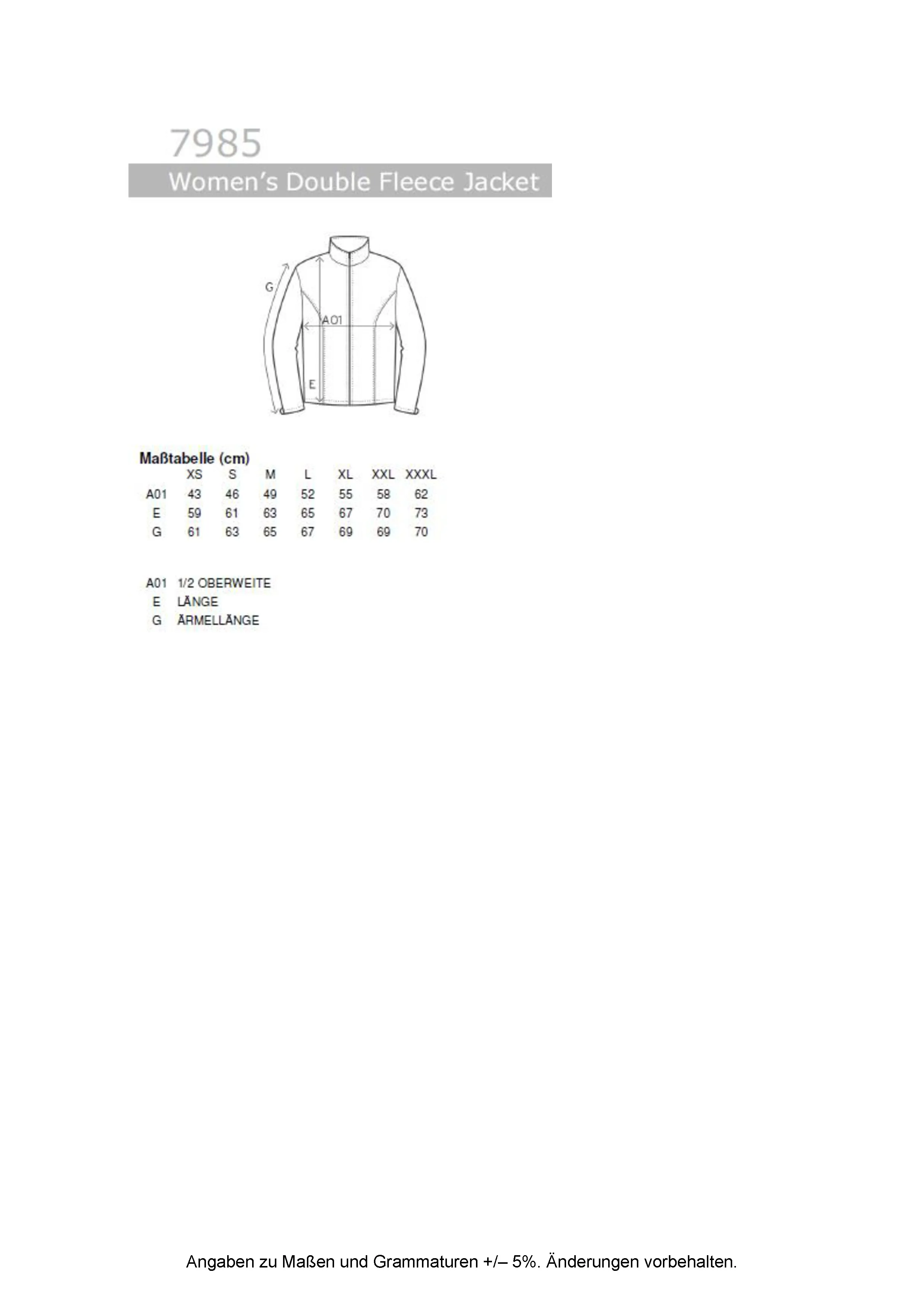 Größentabelle für Women´s Double Fleece Jacket – E7985