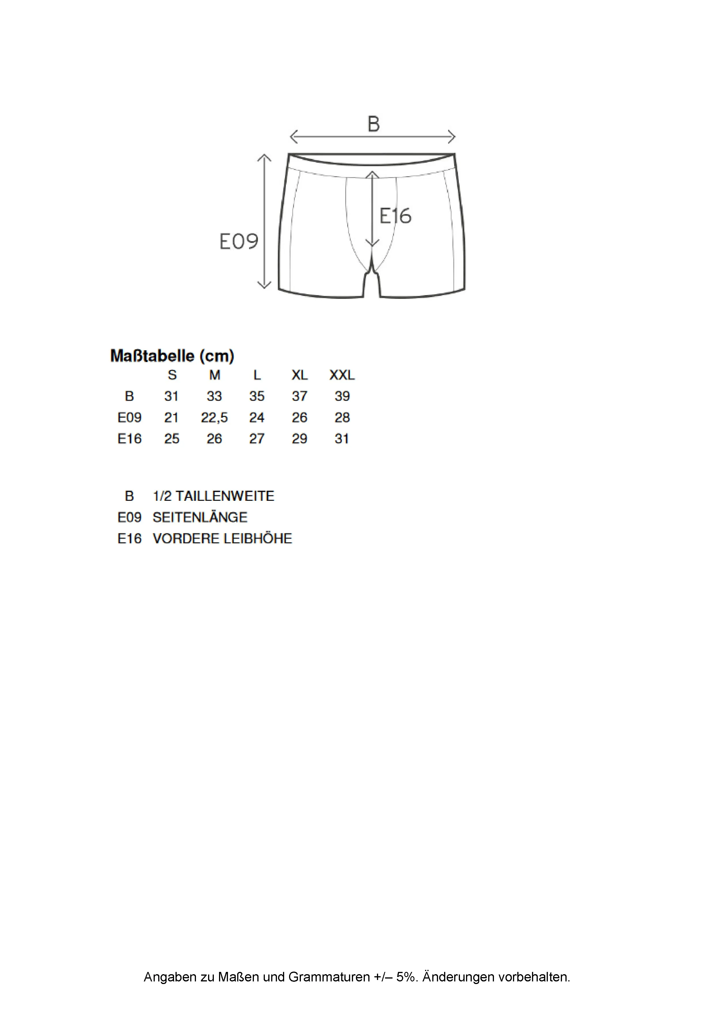 Größentabelle für Men´s Boxer Shorts – E8001