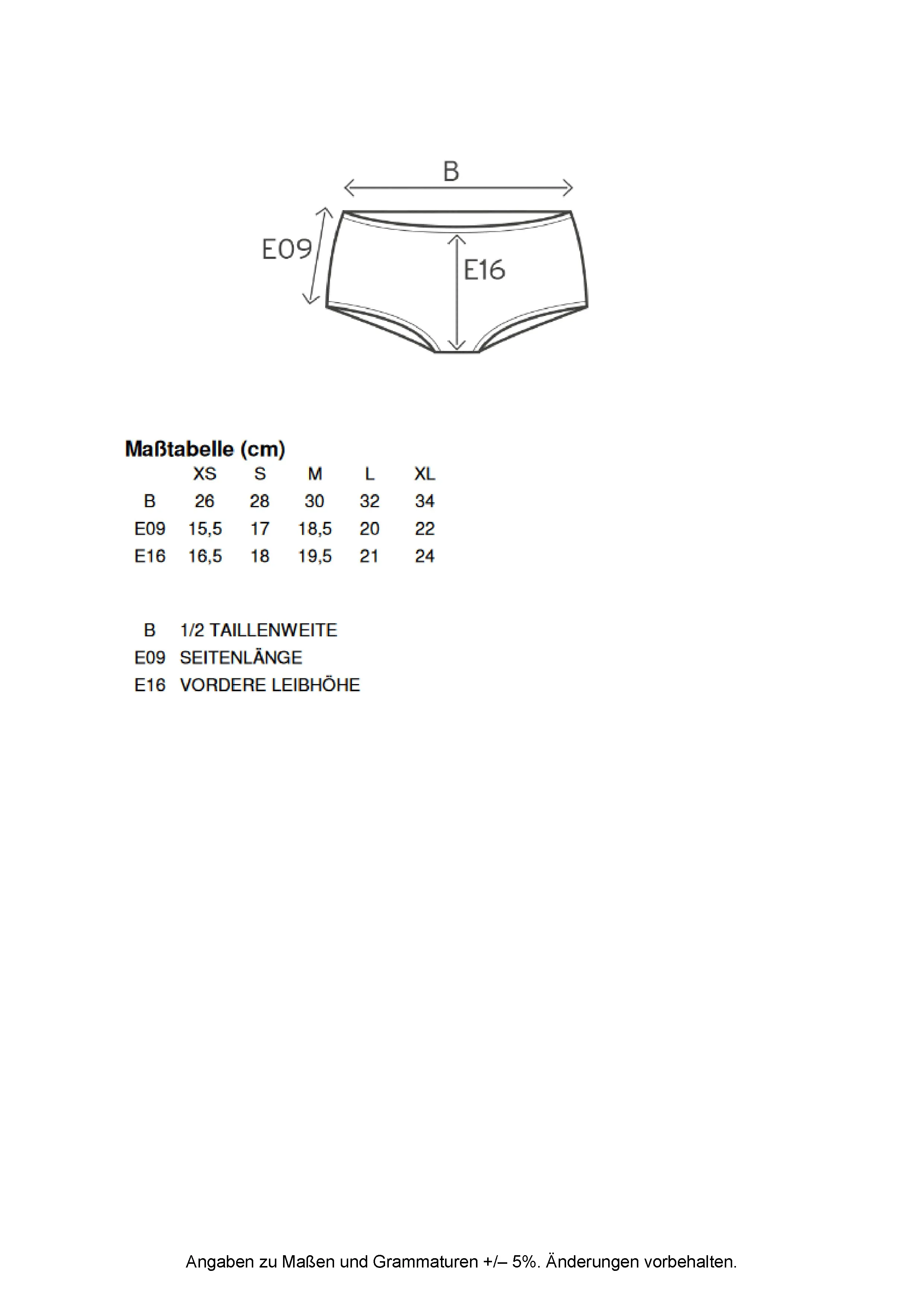 Größentabelle für Women´s Panty 95/5 – E8005