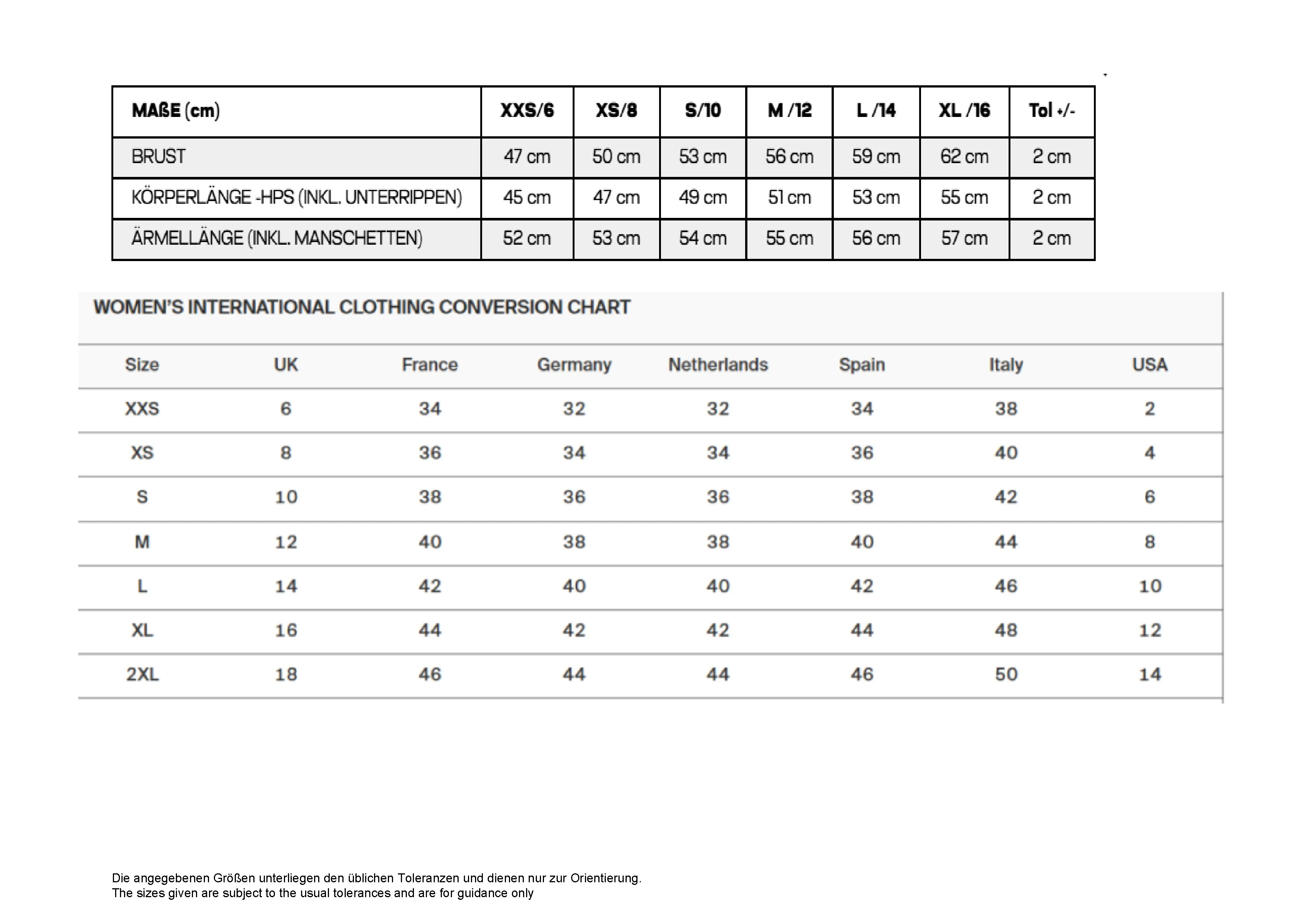 Größentabelle für Women´s Cropped Hoodie – JH016