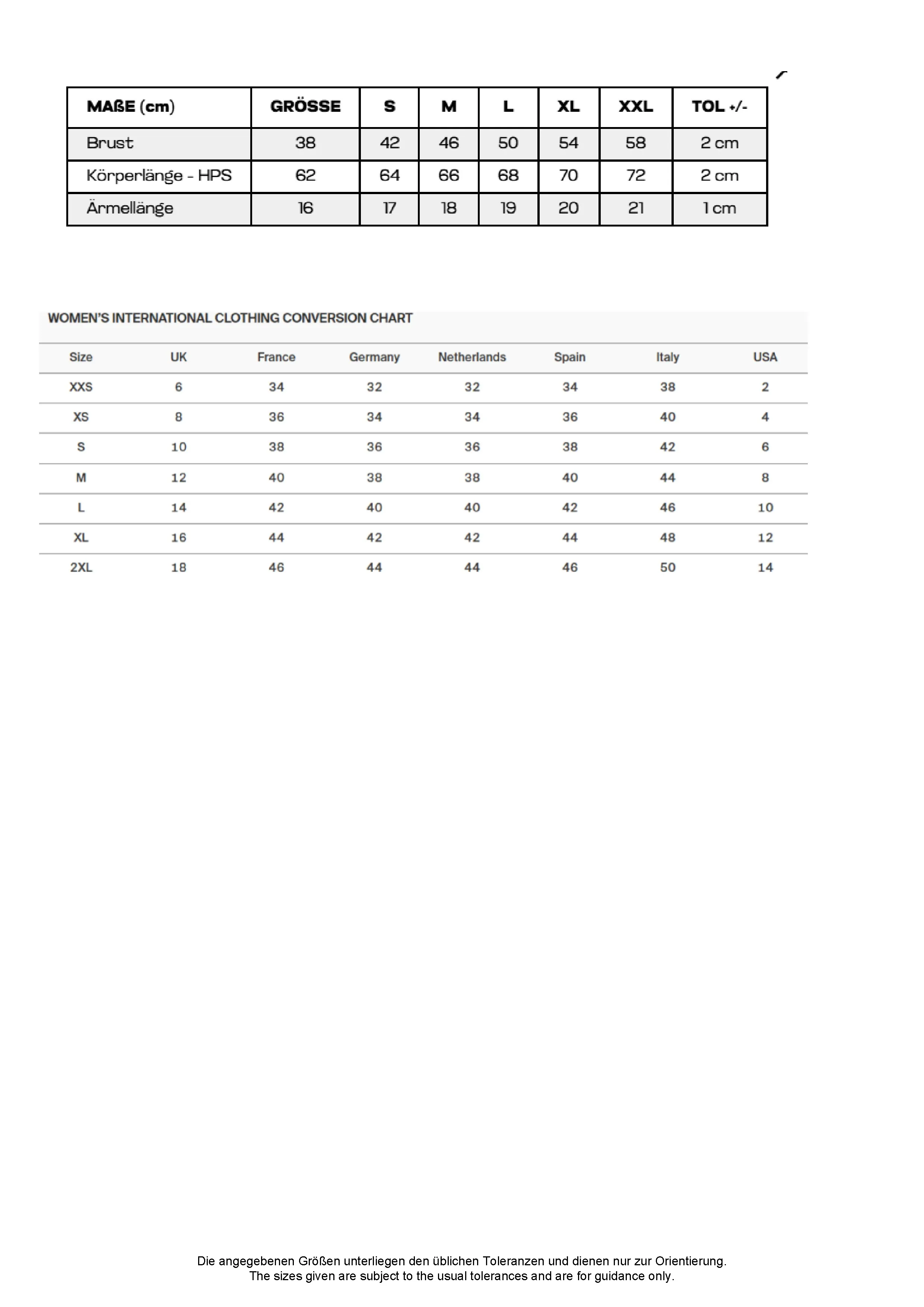 Größentabelle für Women´s The 100 T – JT100F