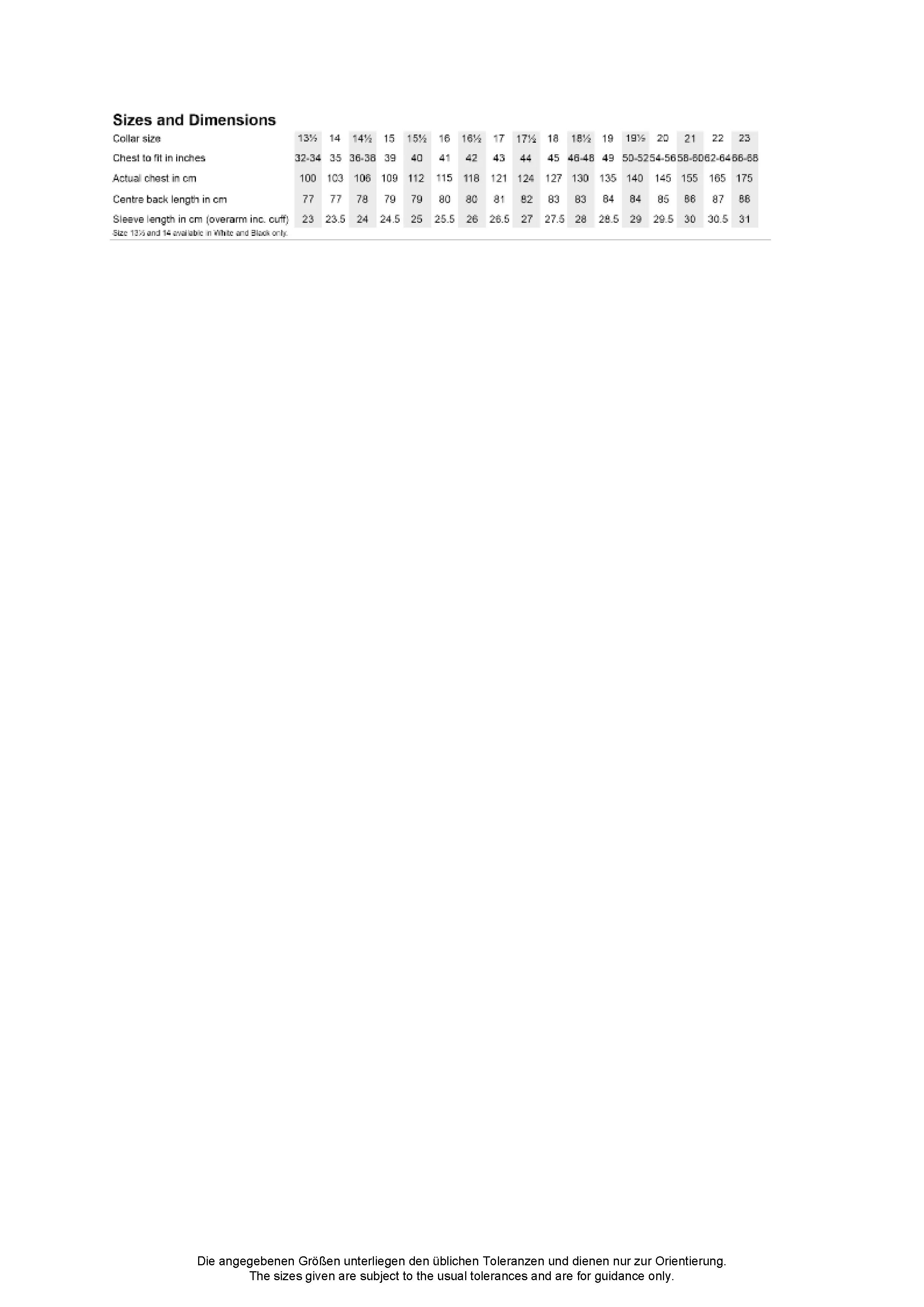 Größentabelle für Men´s Tailored Fit Poplin Shirt Short Sleeve – K141