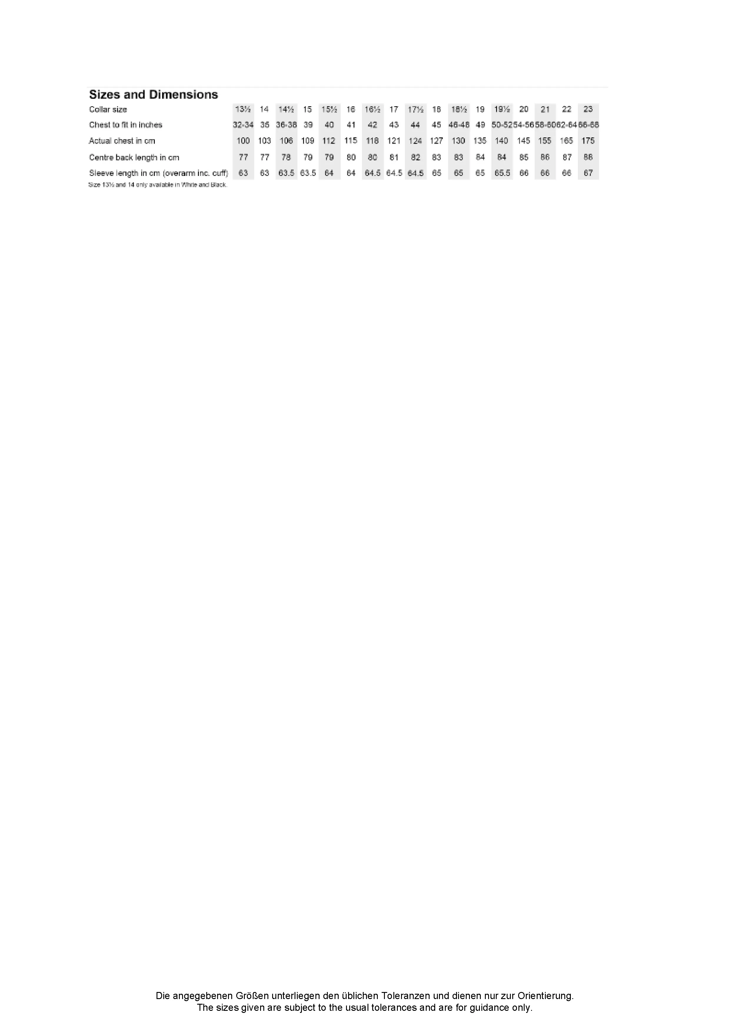 Größentabelle für Men´s Tailored Fit Poplin Shirt Long Sleeve – K142