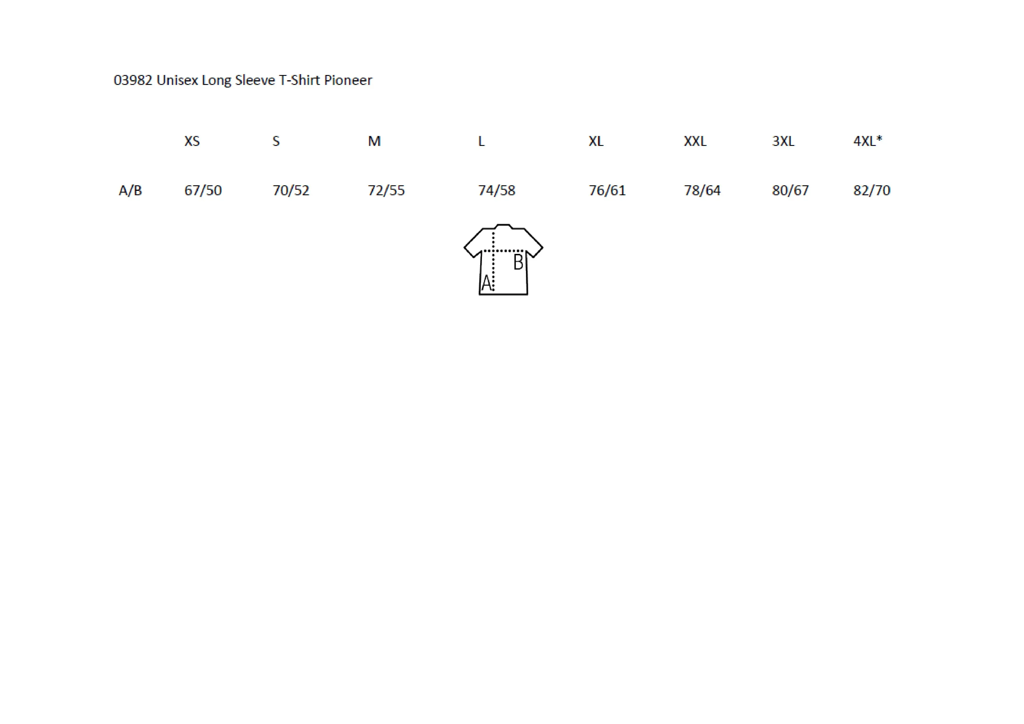 Größentabelle für Unisex Long Sleeve T-Shirt Pioneer – L03982