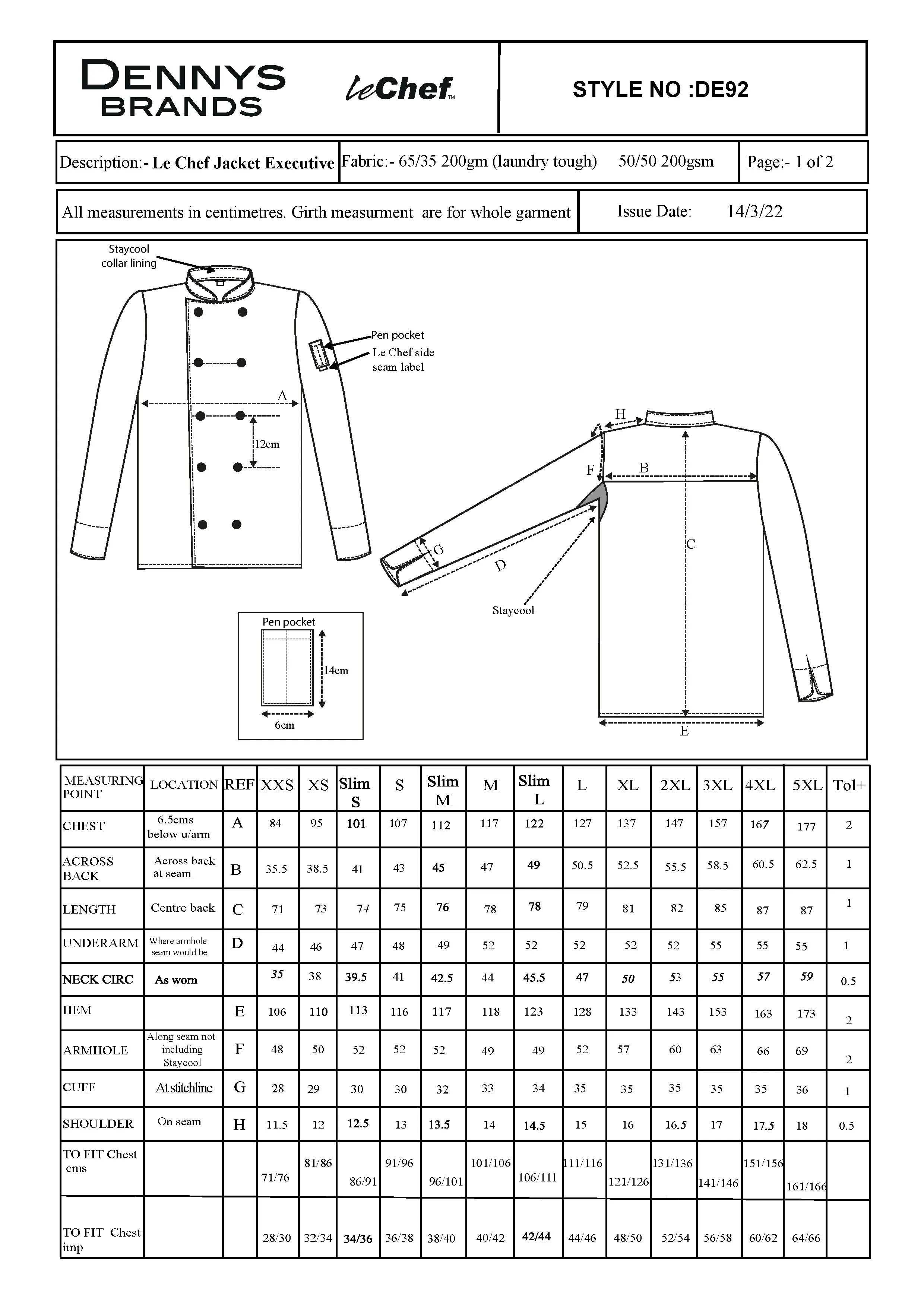 Größentabelle für Executive Jacket – LF092