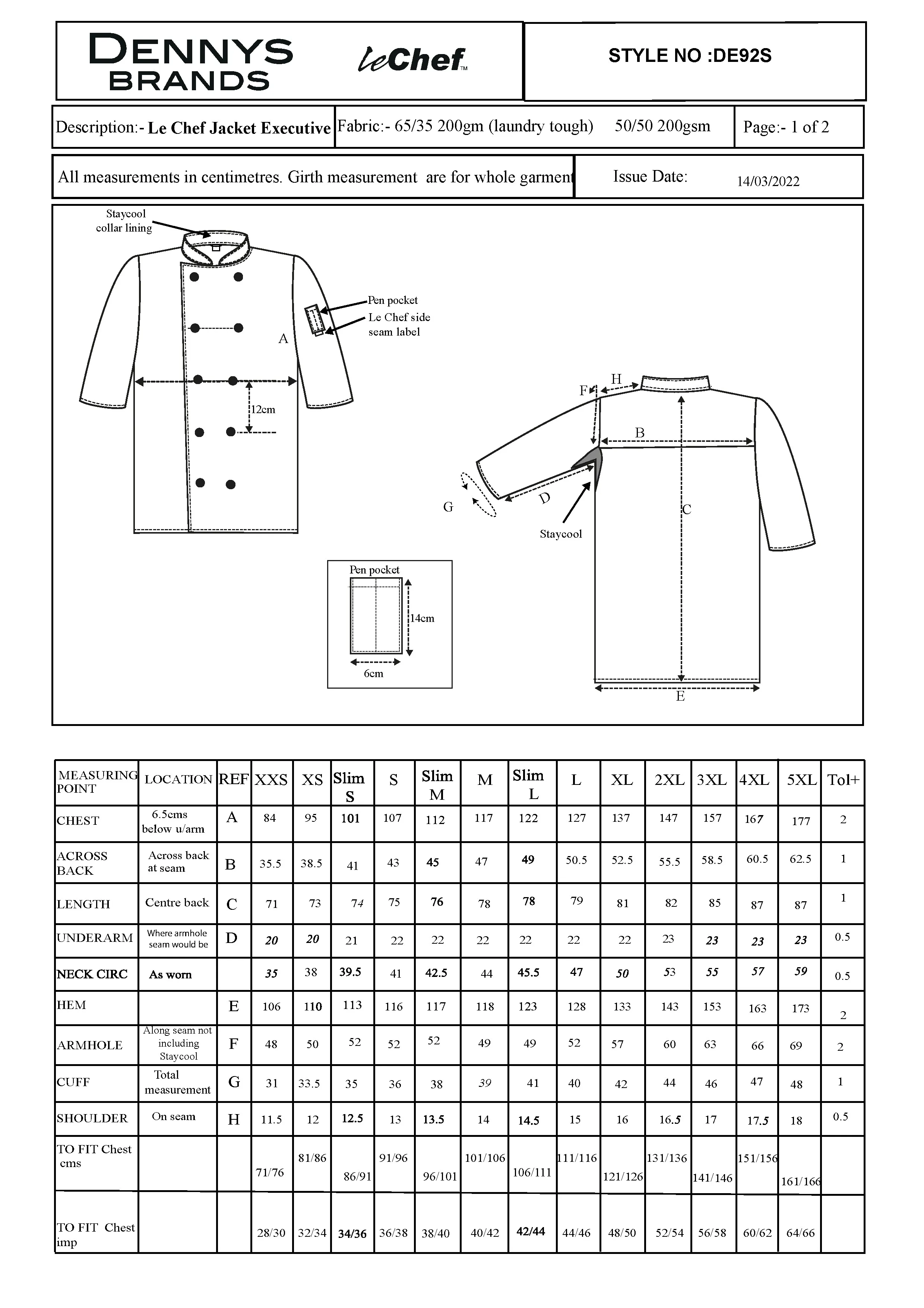 Größentabelle für Executive Jacket Short Sleeve – LF092S