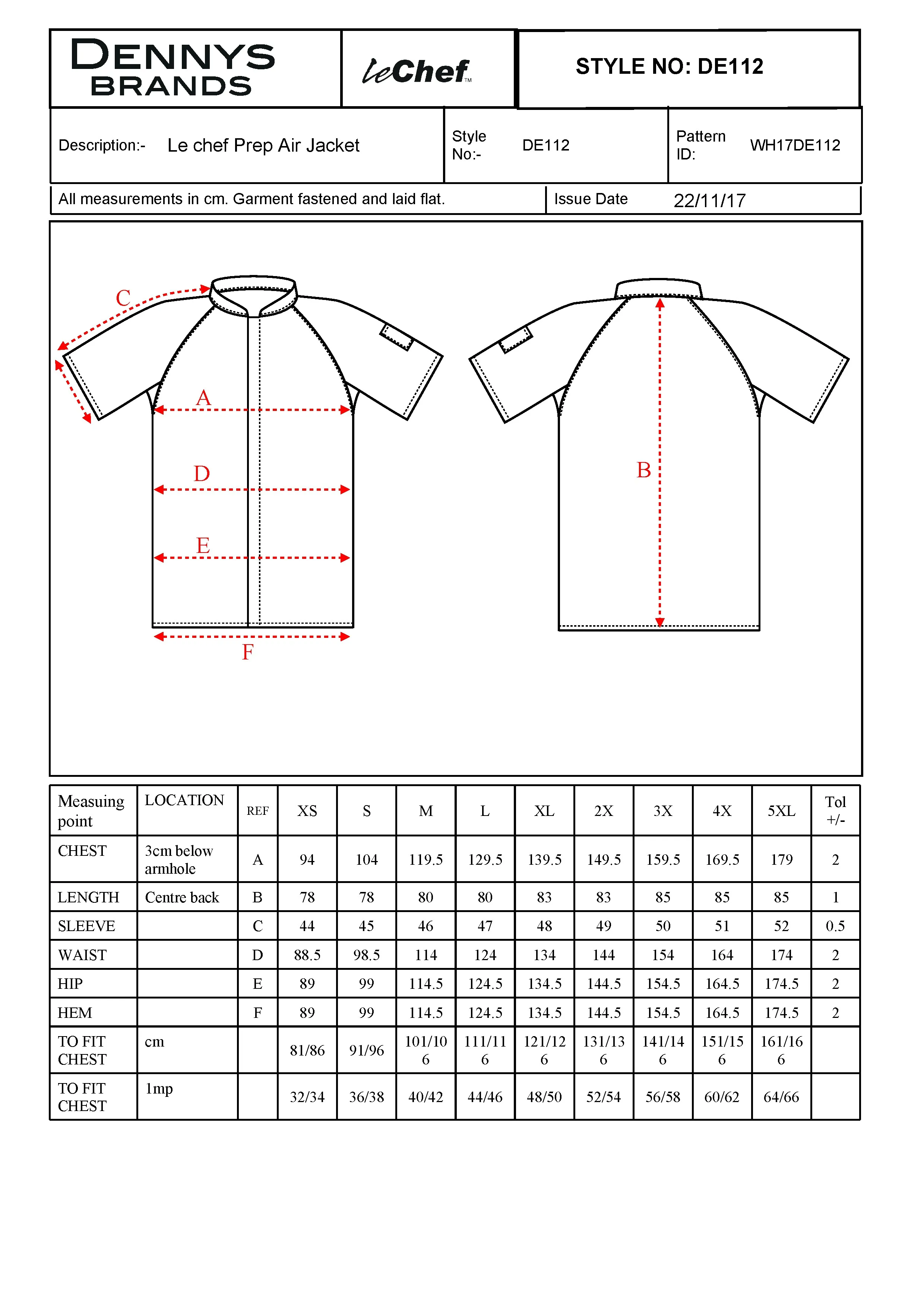 Größentabelle für Unisex Air Jacket – LF112