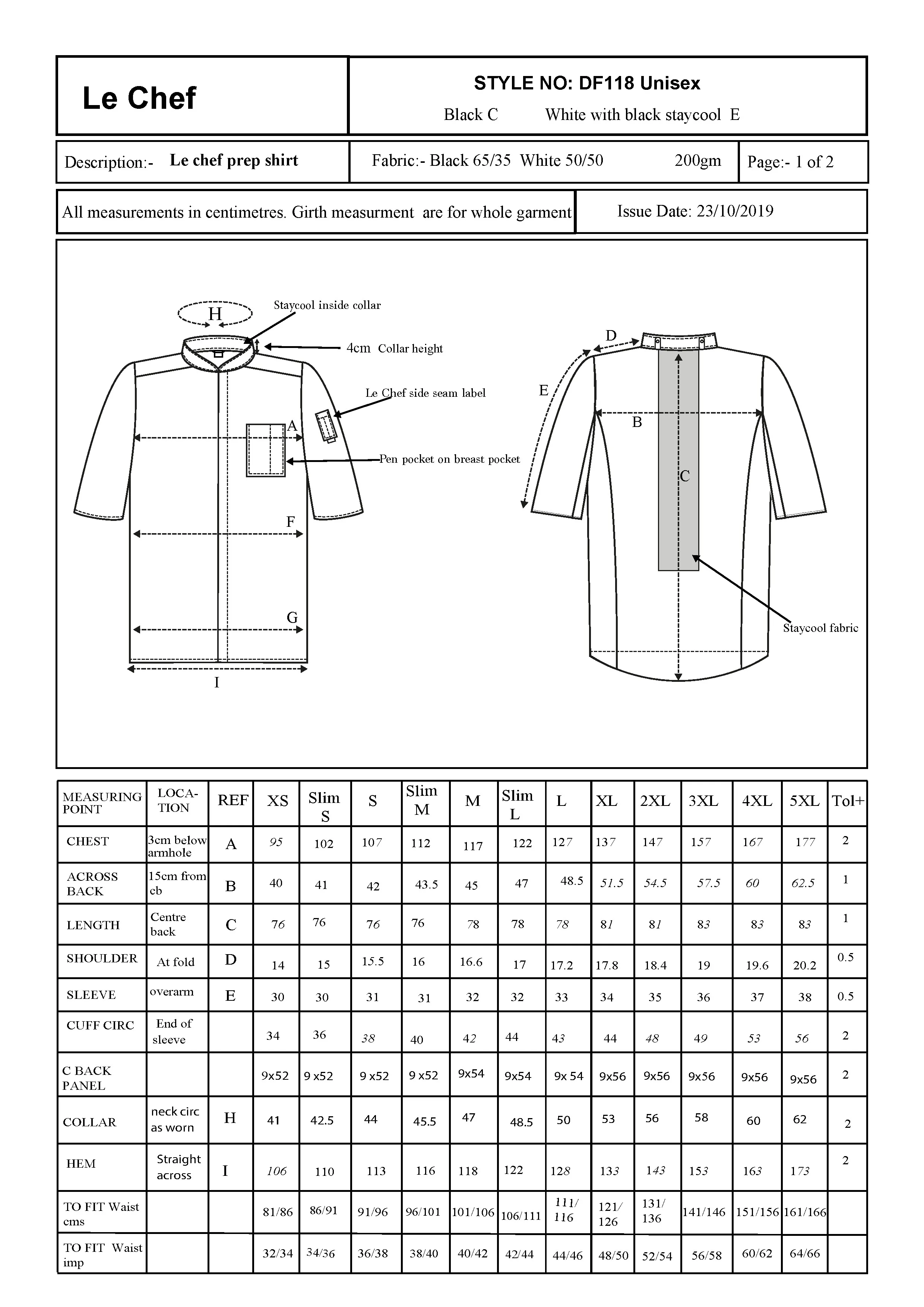 Größentabelle für Jacket Short Sleeve – LF118