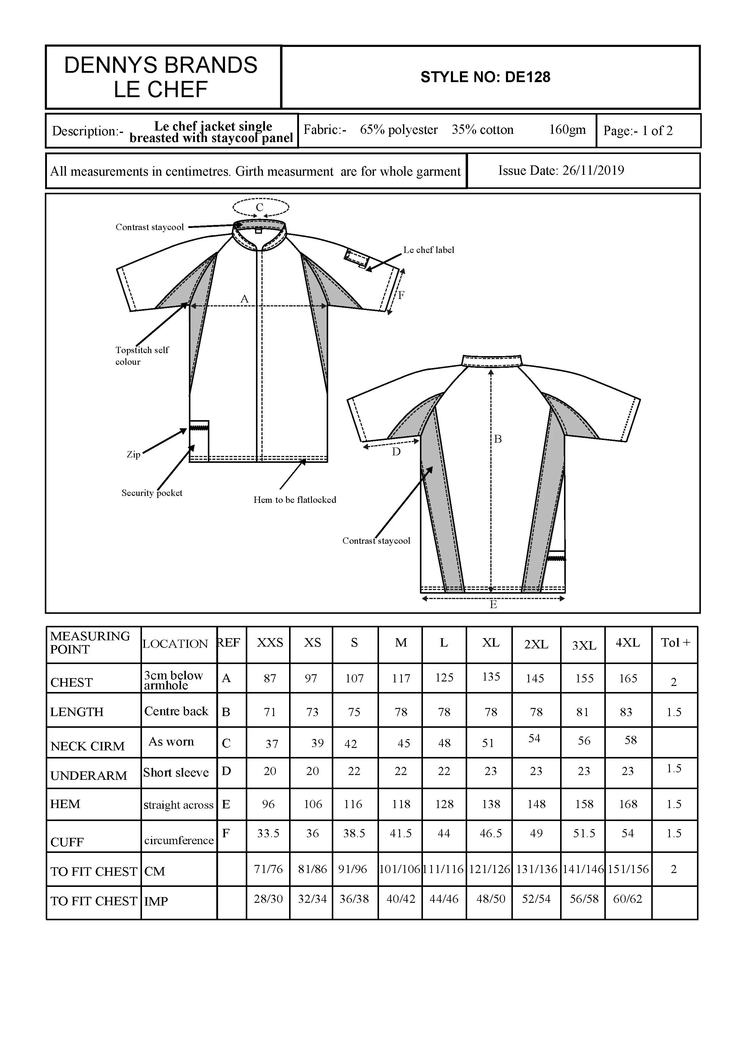 Größentabelle für Single Breasted Jacket – LF128