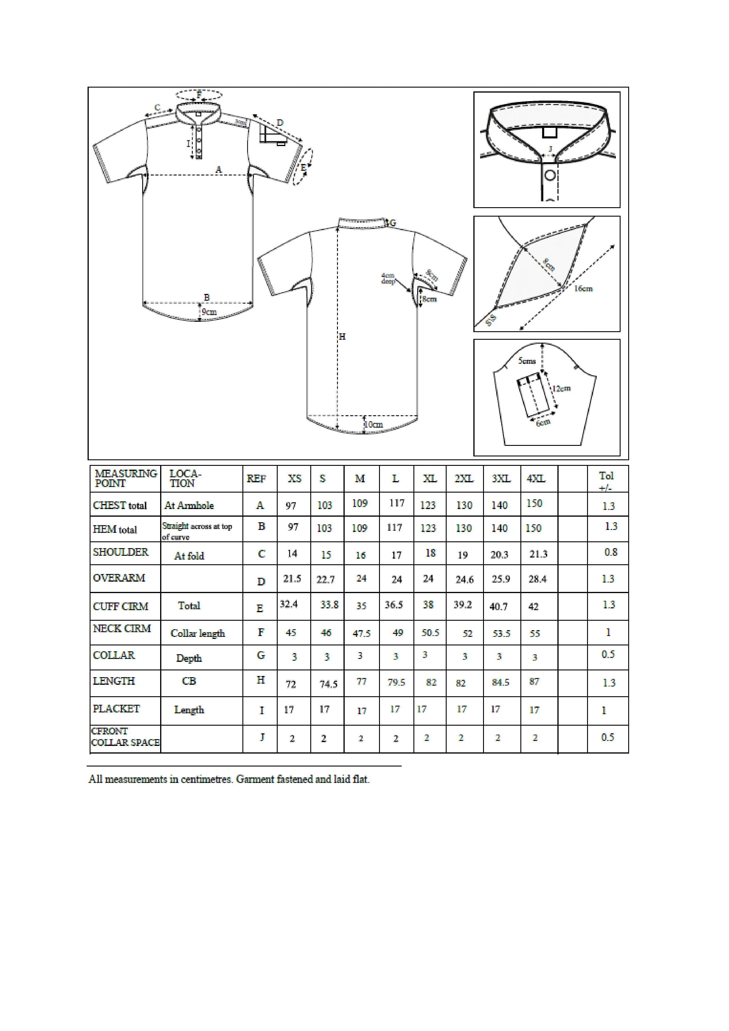 Größentabelle für Pique Chef Shirt – LF130