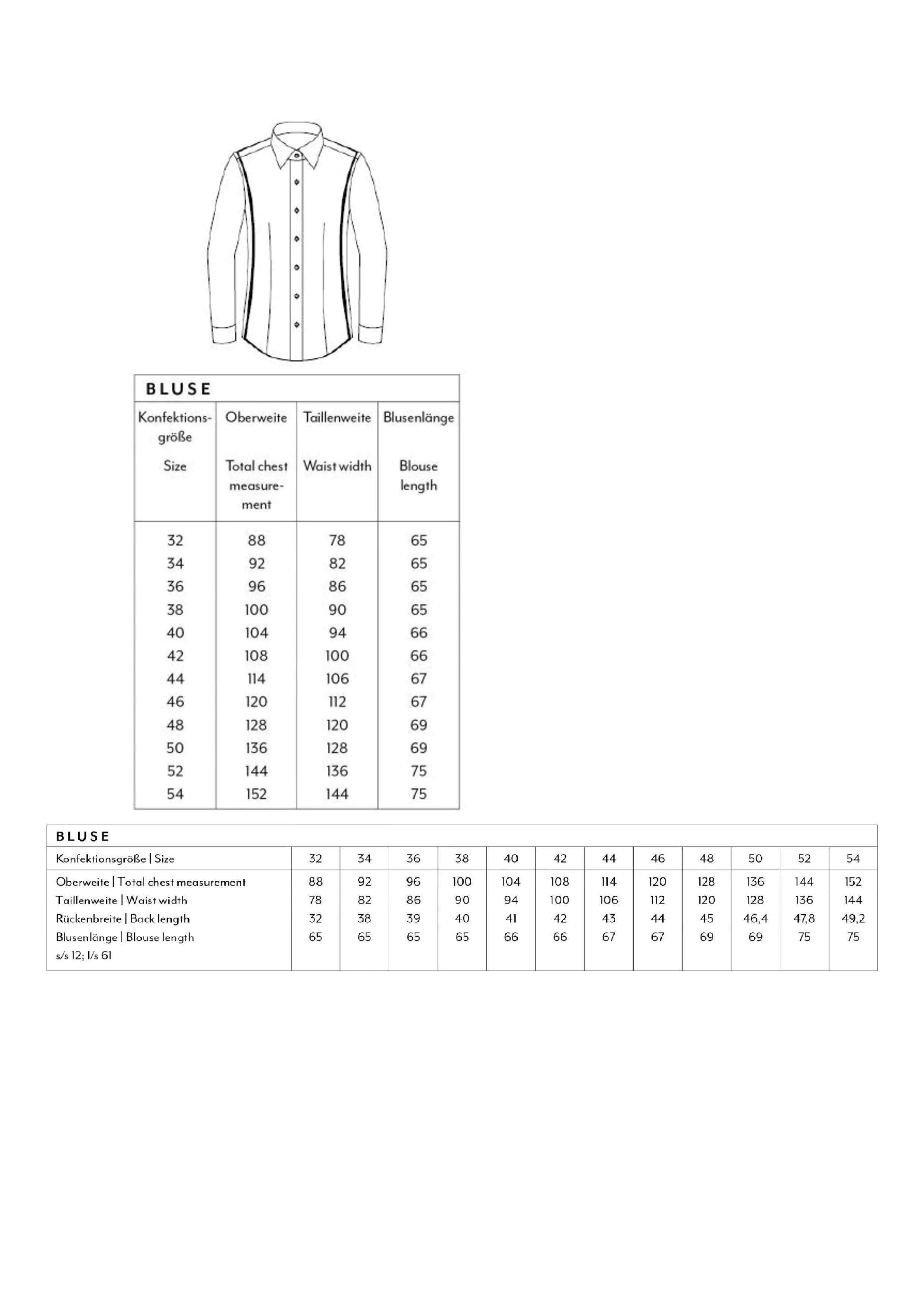 Größentabelle für Women´s Blouse Comfort Fit Long Sleeve – MV069061