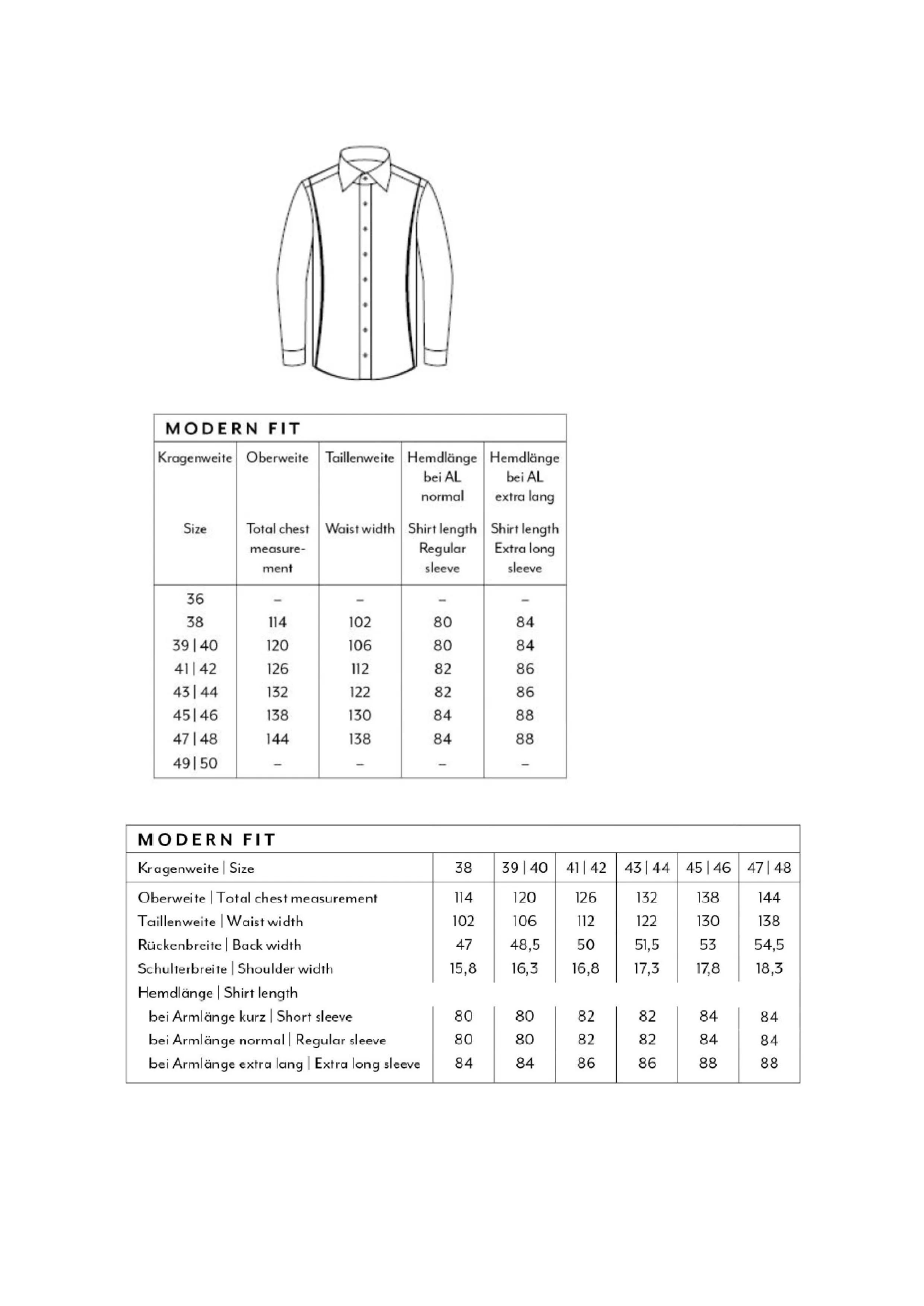 Größentabelle für Men´s Shirt Modern Fit Short Sleeve – MV470012