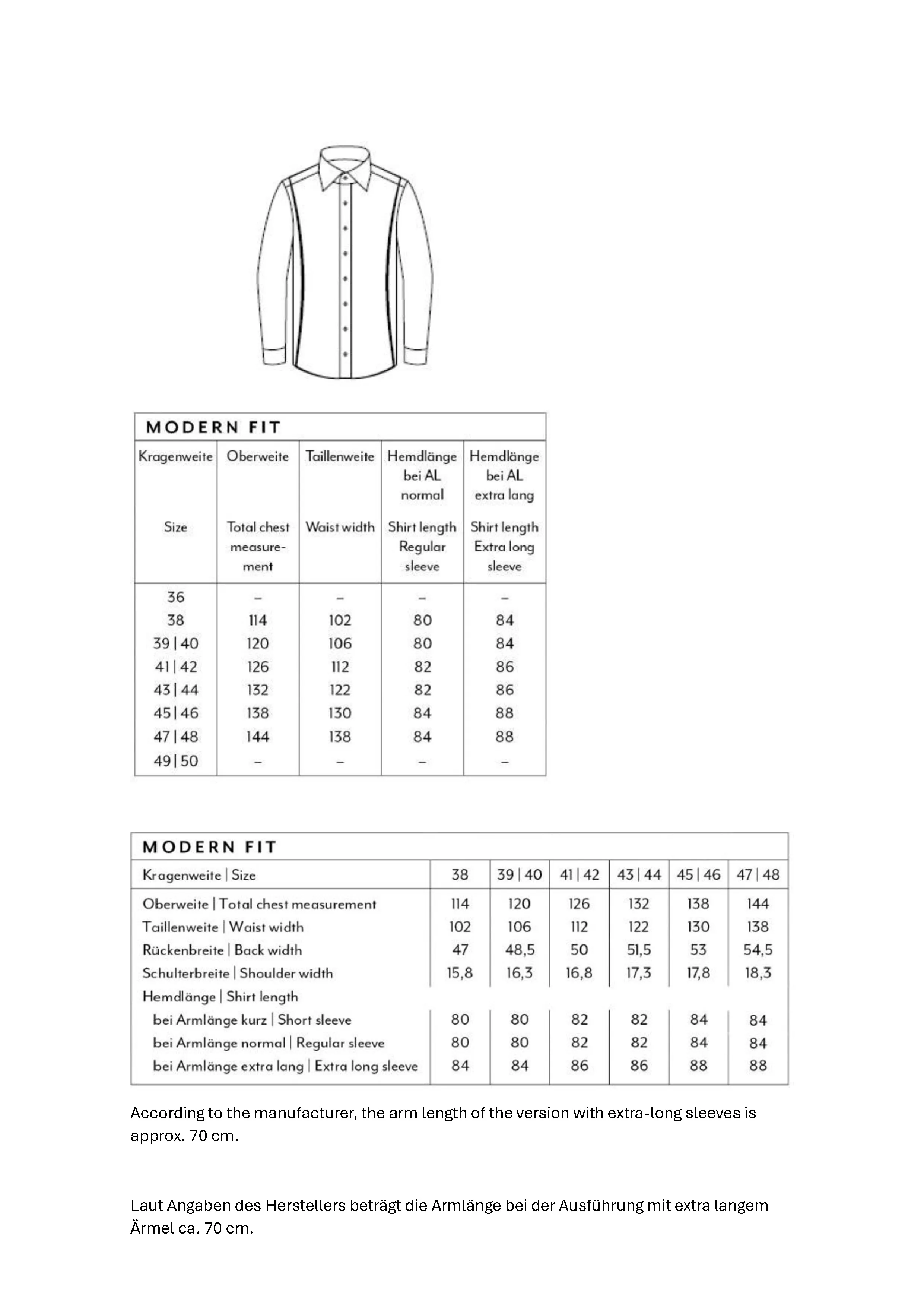 Größentabelle für Men´s Shirt Modern Fit Extra Long Sleeve – MV470069