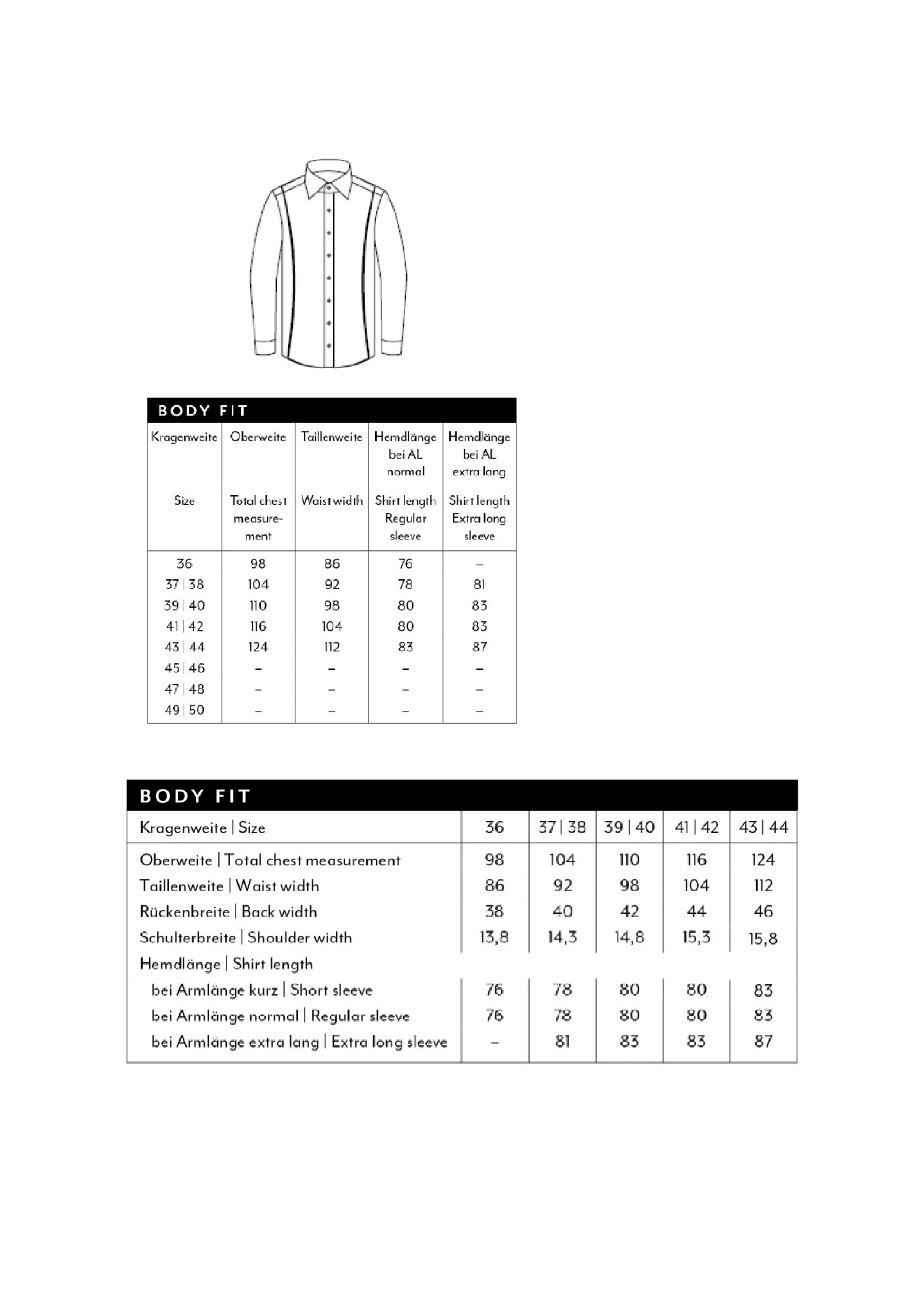 Größentabelle für Men´s Shirt Body Fit Short Sleeve – MV679912