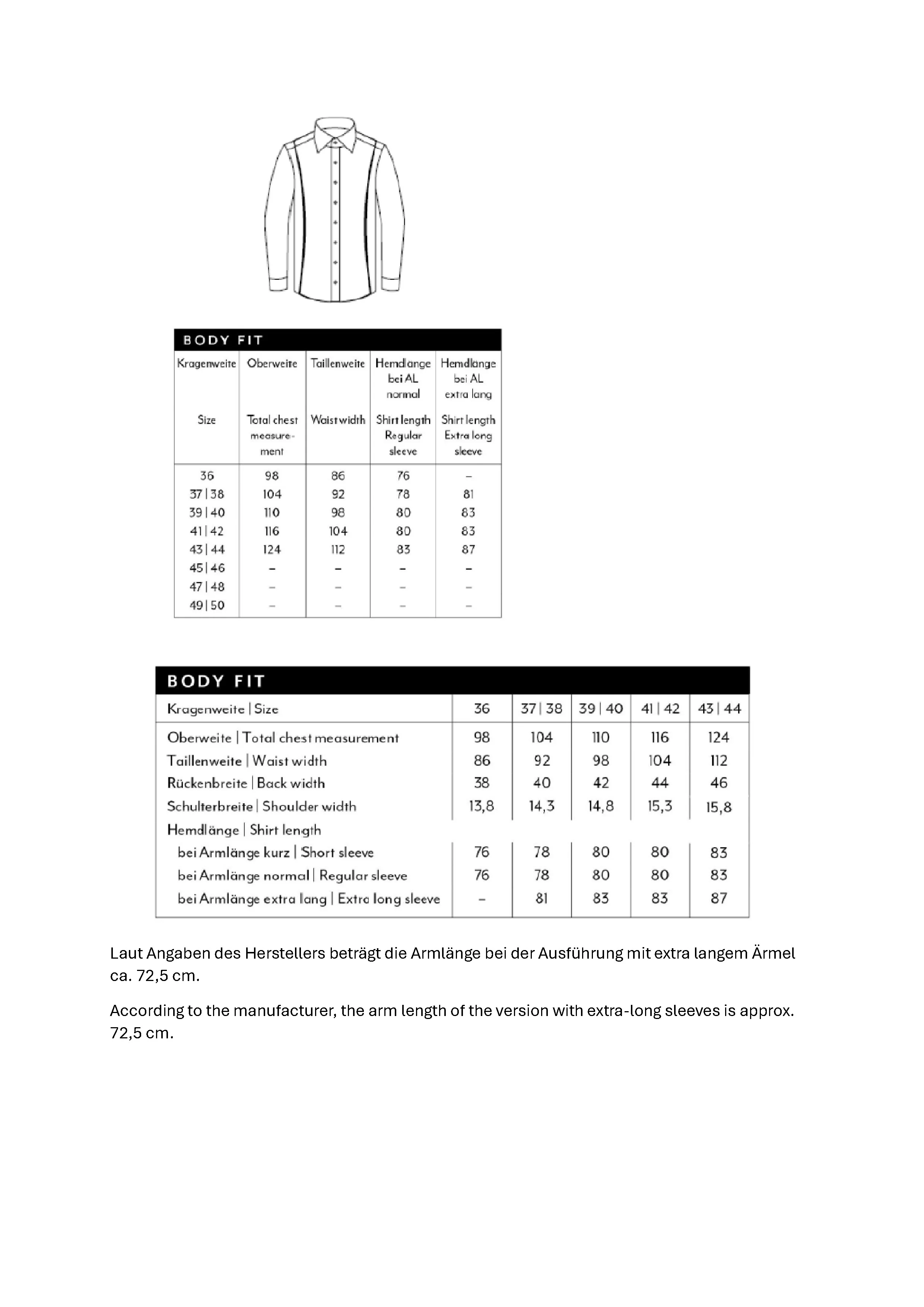 Größentabelle für Men´s Shirt Body Fit Extra Long Sleeve – MV679969