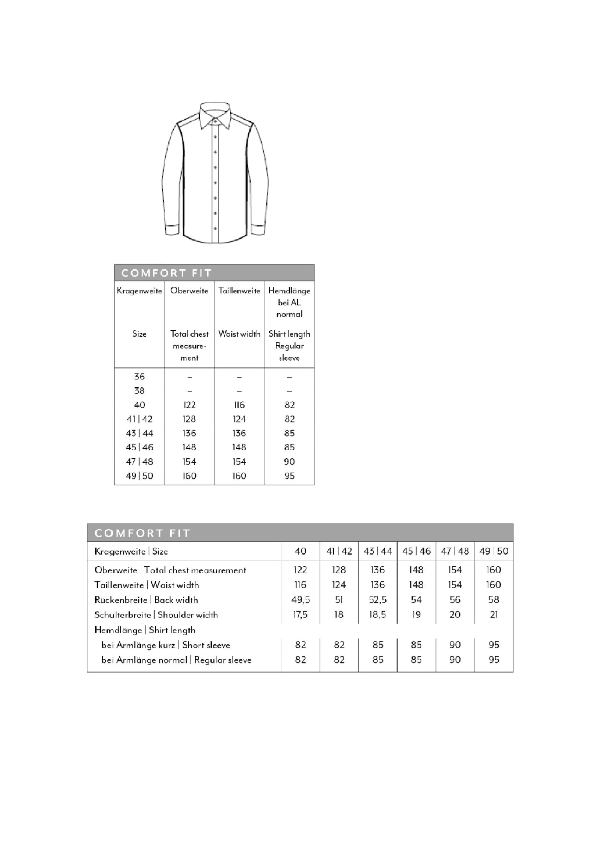 Größentabelle für Men´s Shirt Comfort Fit Short Sleeve – MV797312