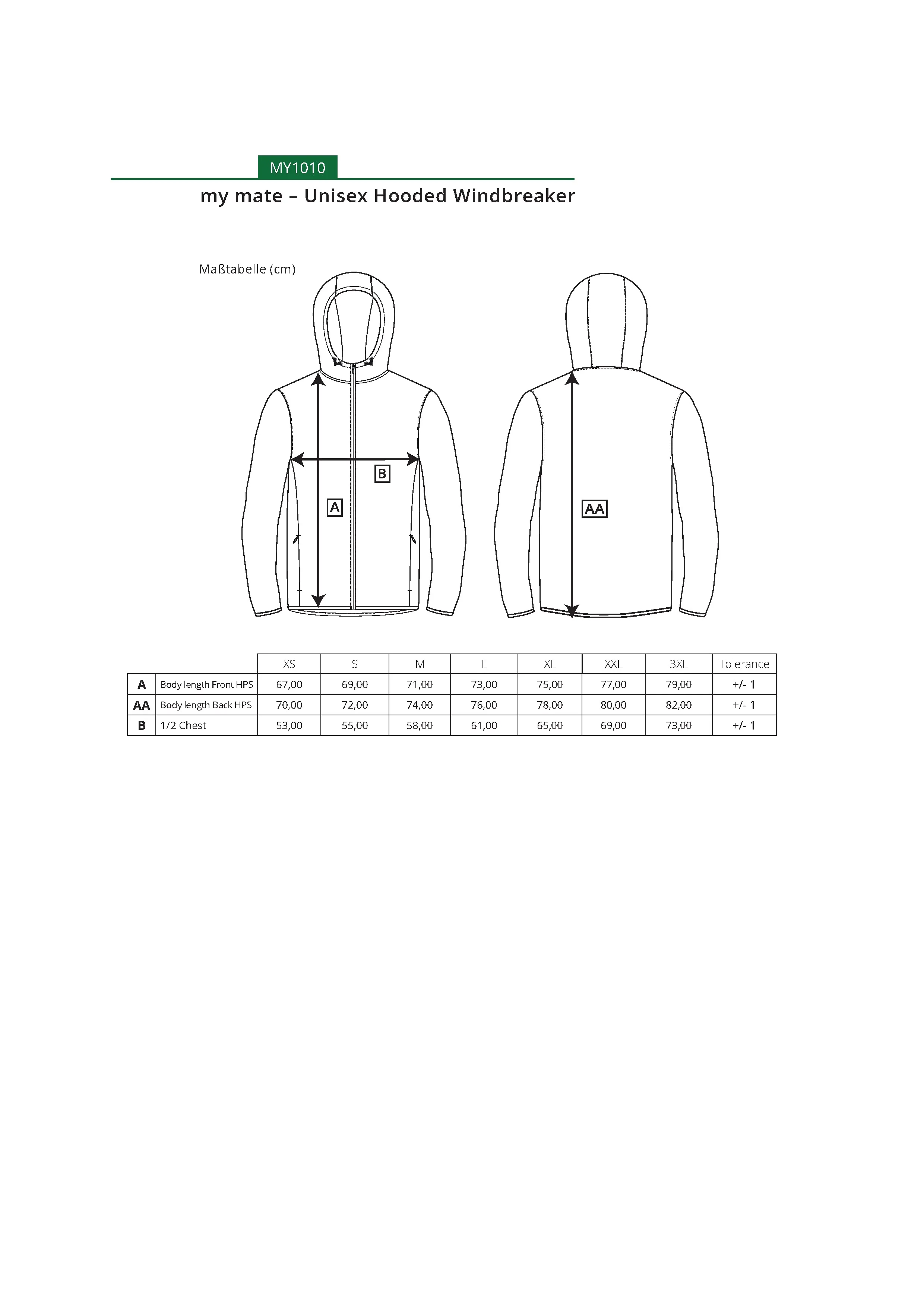 Größentabelle für my mate - Unisex Hooded Windbreaker – MY1010