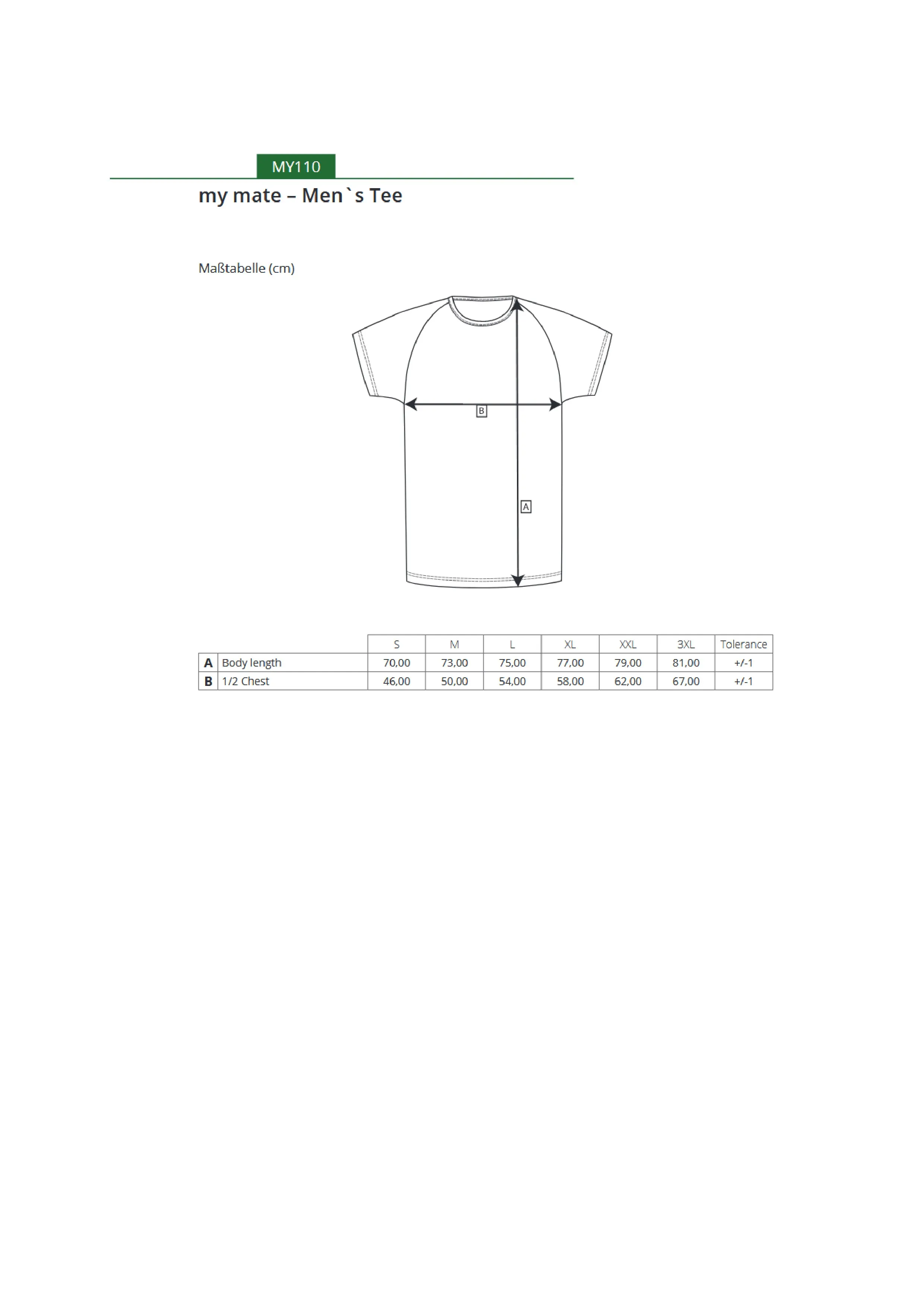 Größentabelle für my mate - Men´s Tee – MY110
