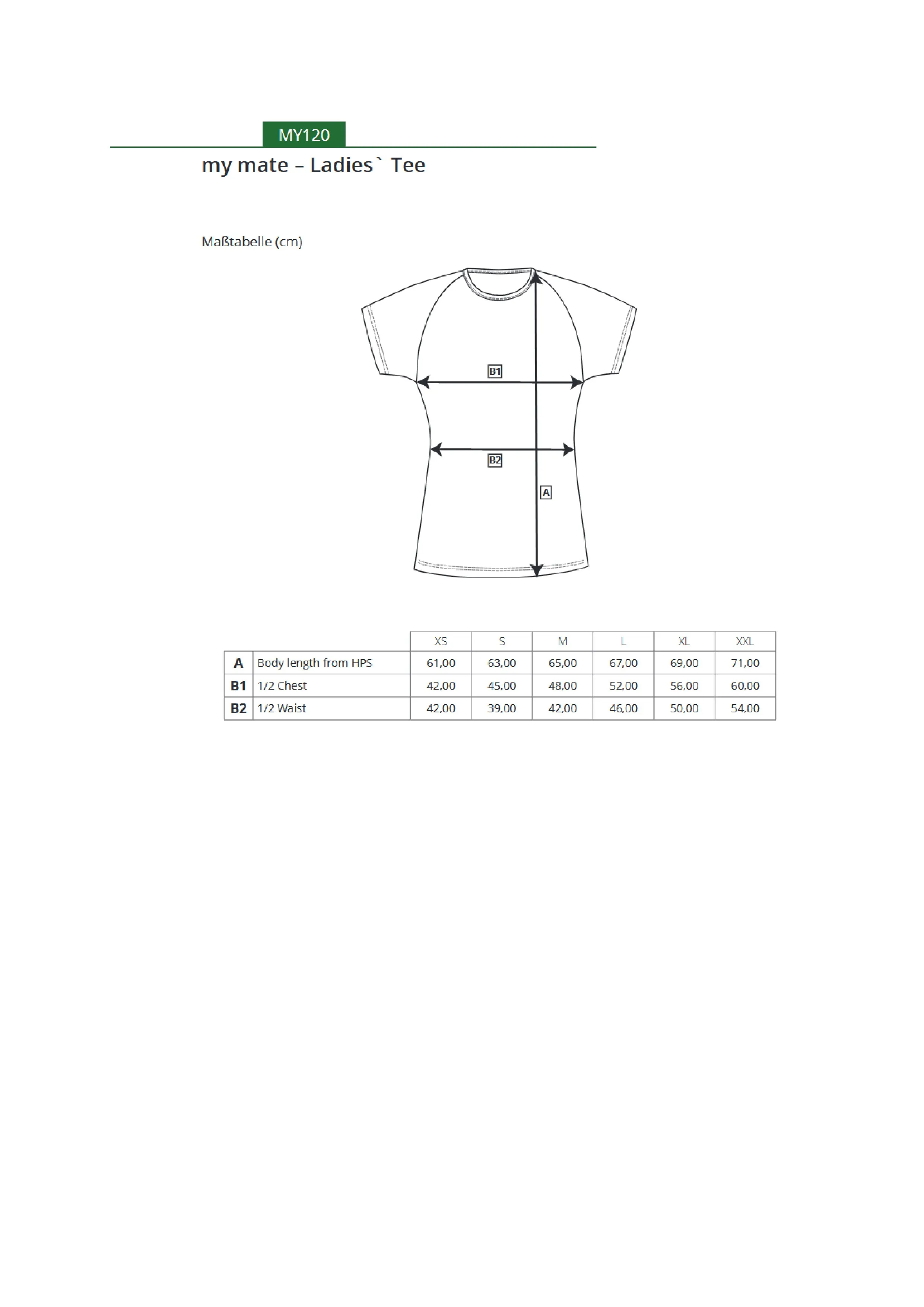 Größentabelle für my mate - Ladies´ Tee – MY120