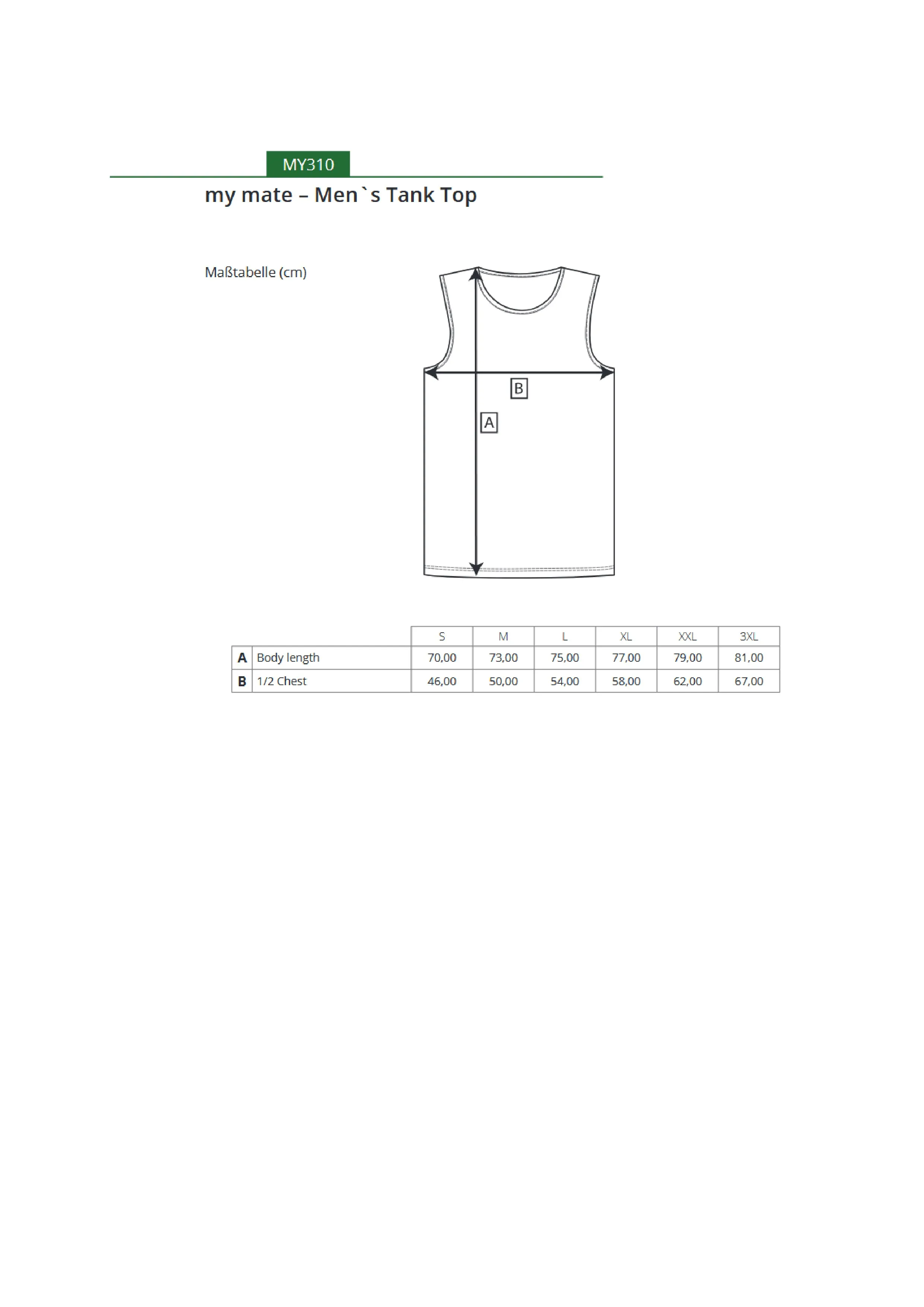 Größentabelle für my mate - Men´s Tank Top – MY310