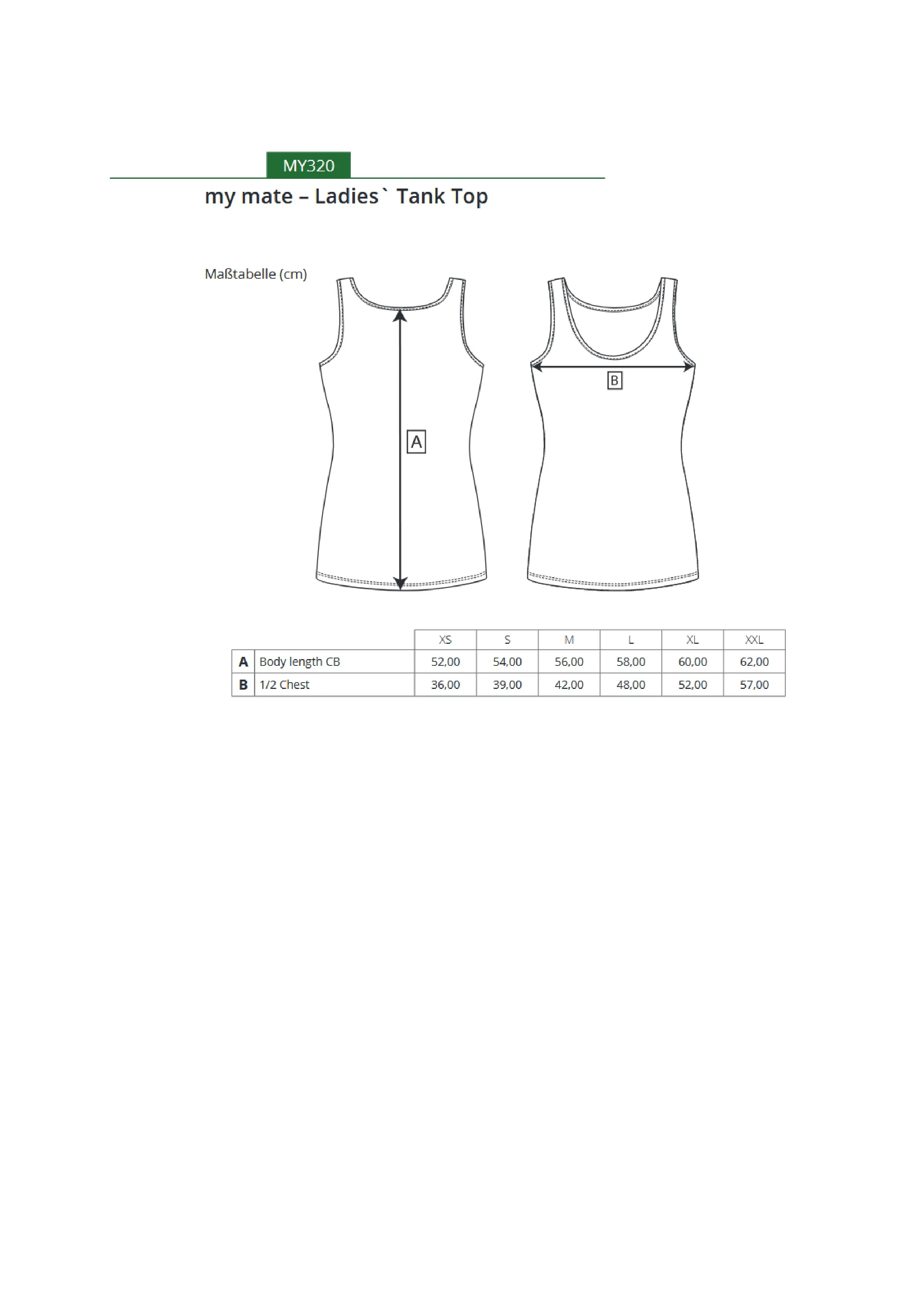 Größentabelle für my mate - Ladies´ Tank Top – MY320