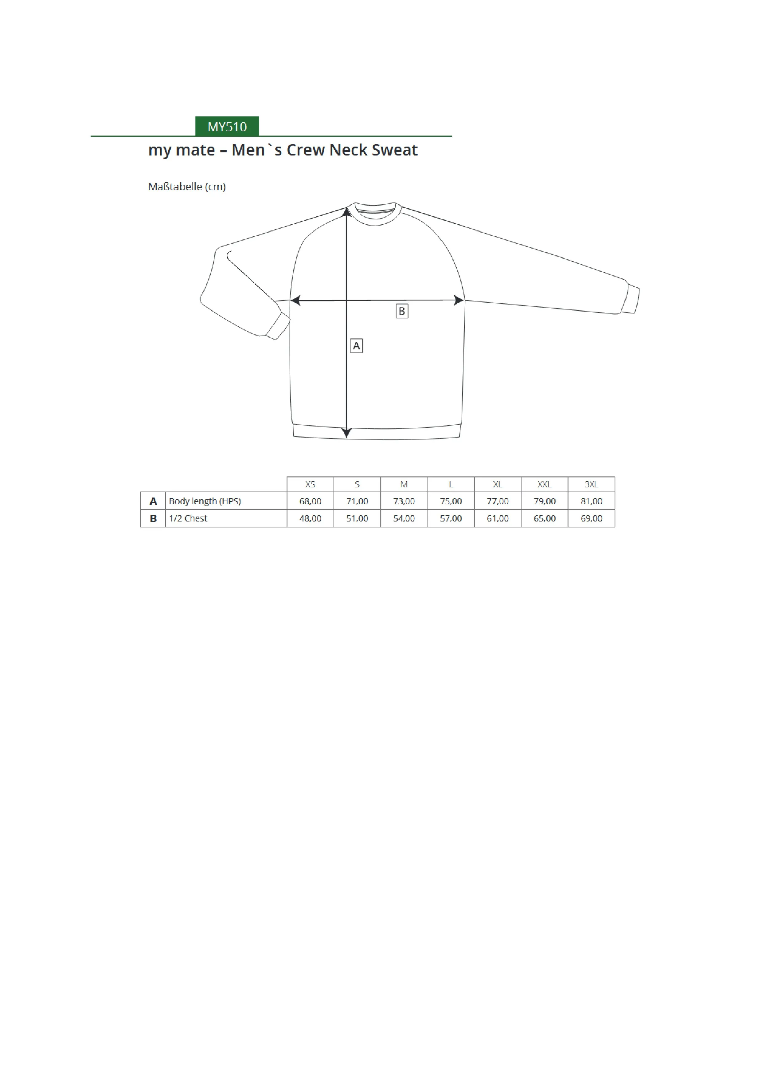 Größentabelle für my mate - Men´s Crew Neck Sweat – MY510