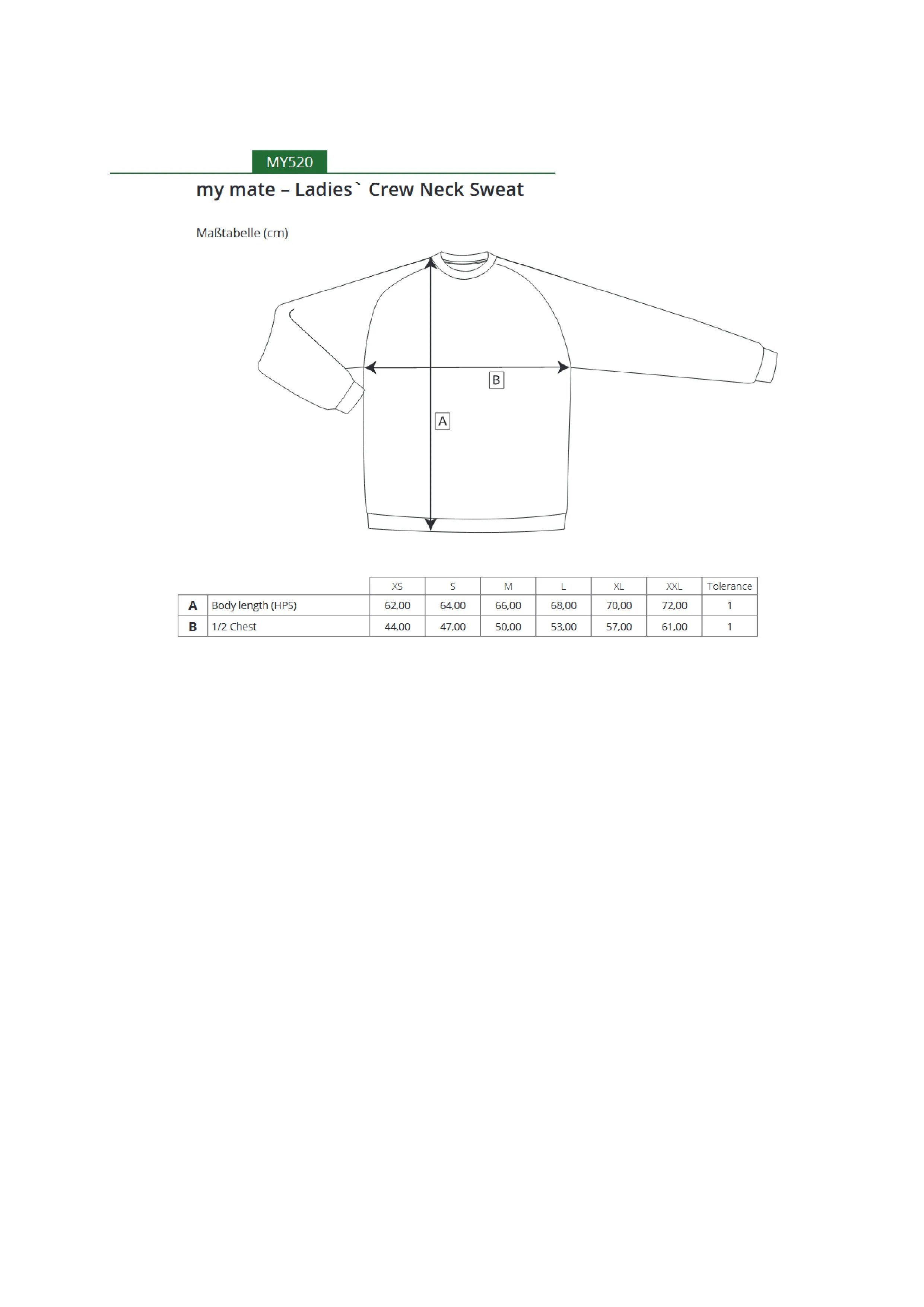 Größentabelle für my mate - Ladies´ Crew Neck Sweat – MY520