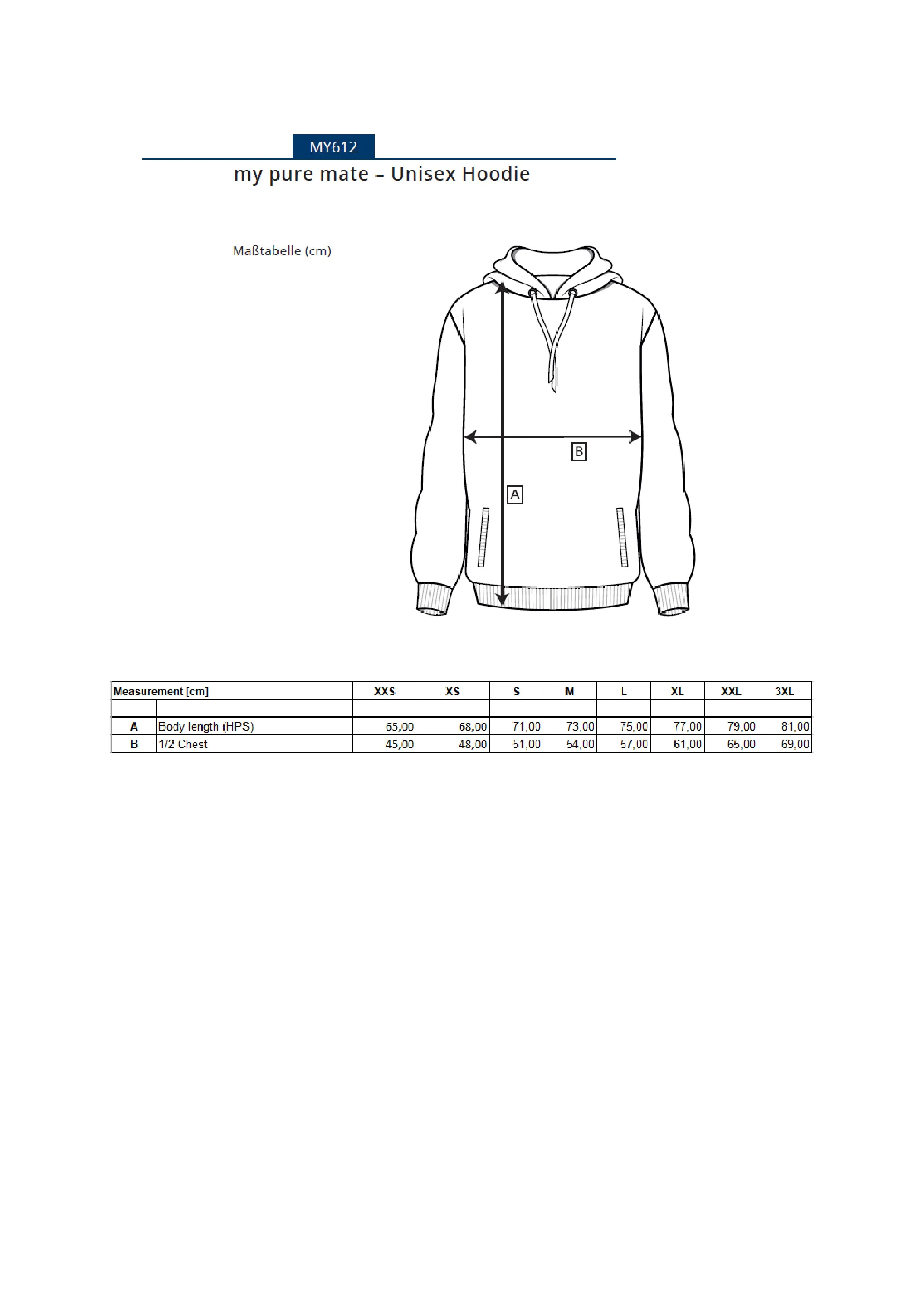 Größentabelle für my pure mate - Unisex Hoody – MY612