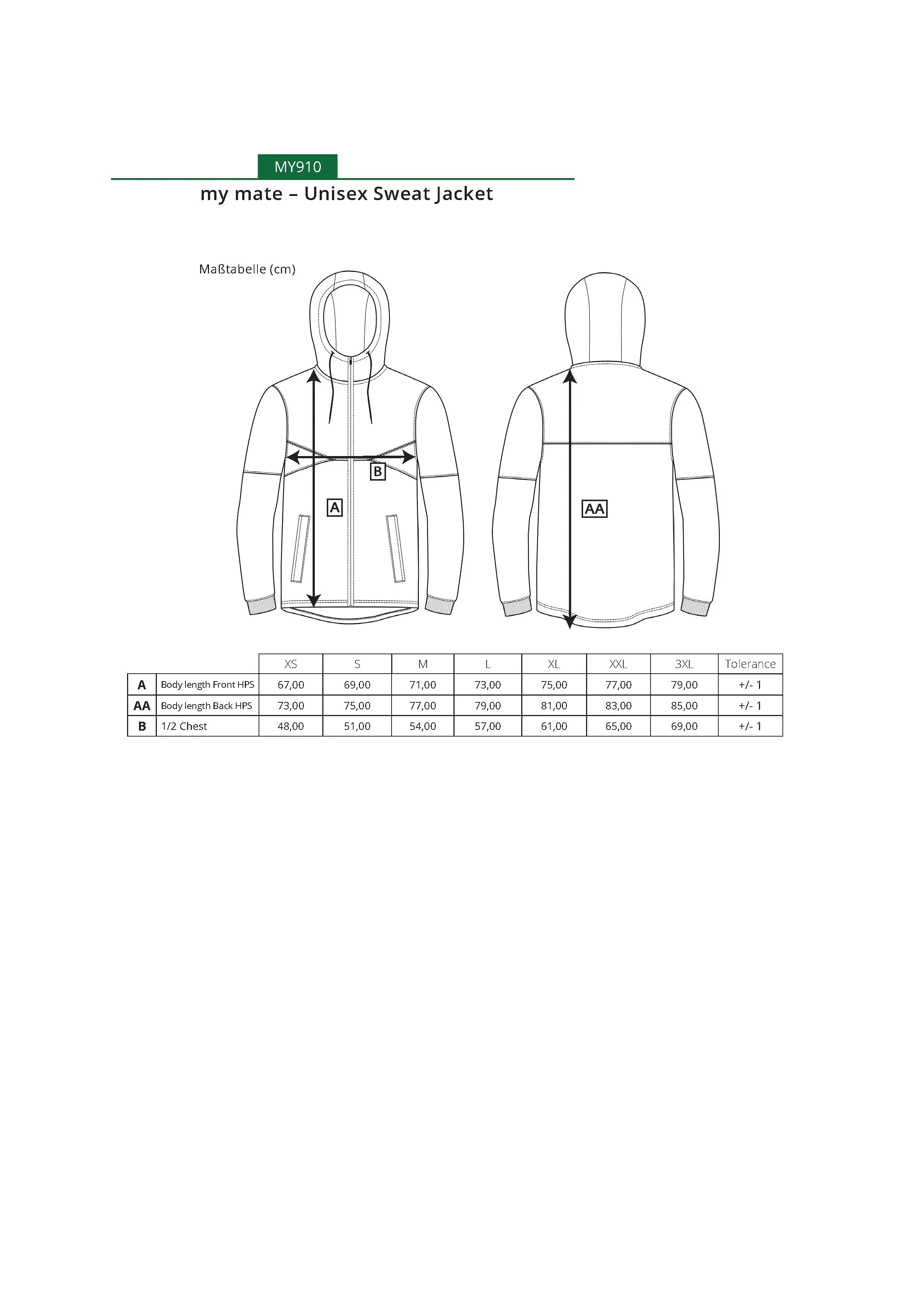 Größentabelle für my mate - Unisex Sweat Jacket – MY910