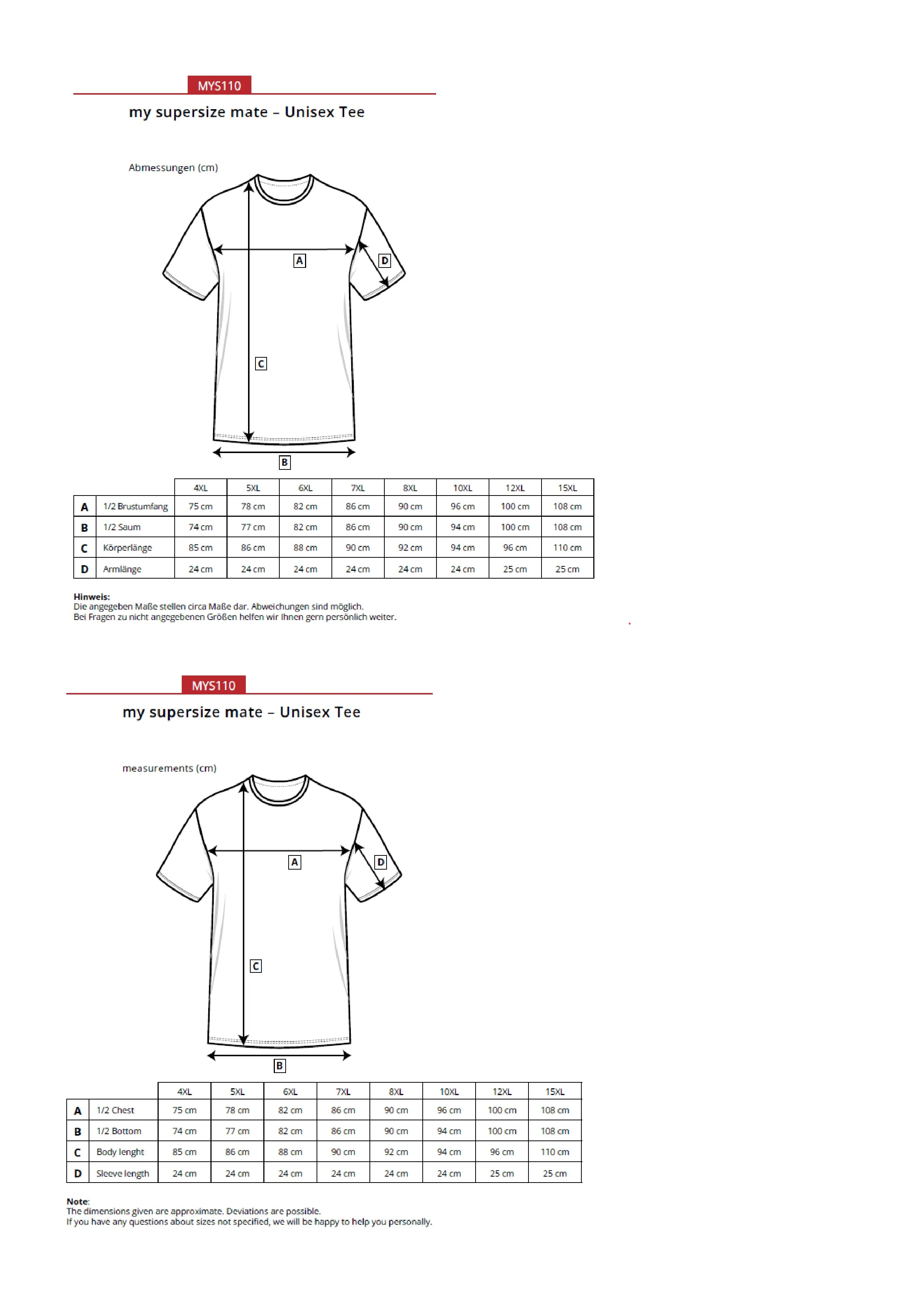 Größentabelle für Unisex Tee – MYS110