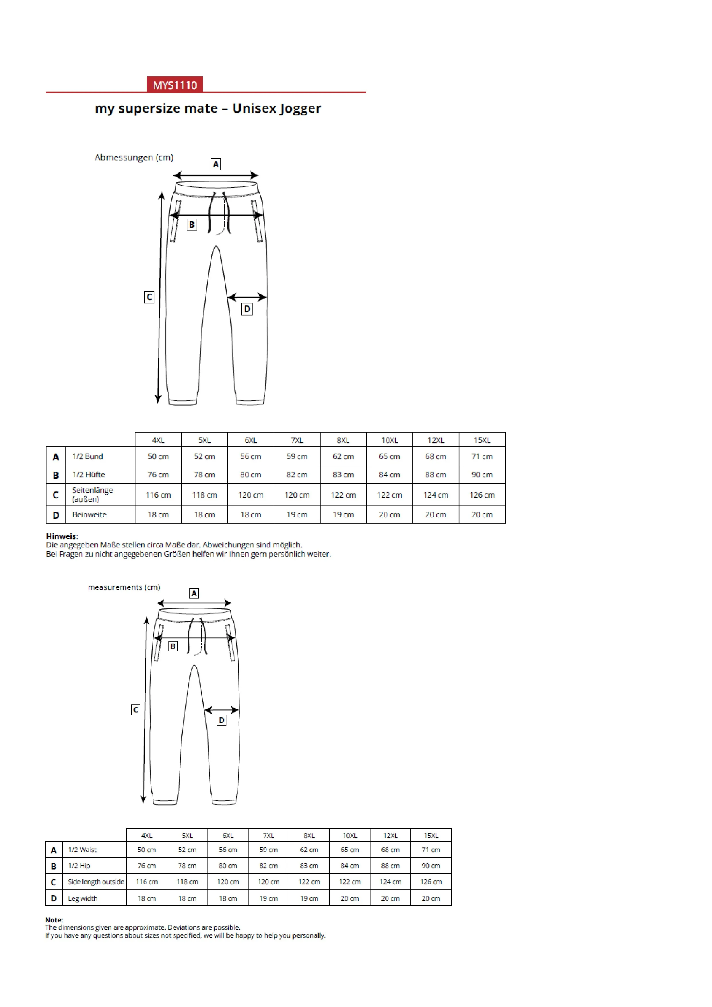 Größentabelle für Unisex Jogger – MYS1110