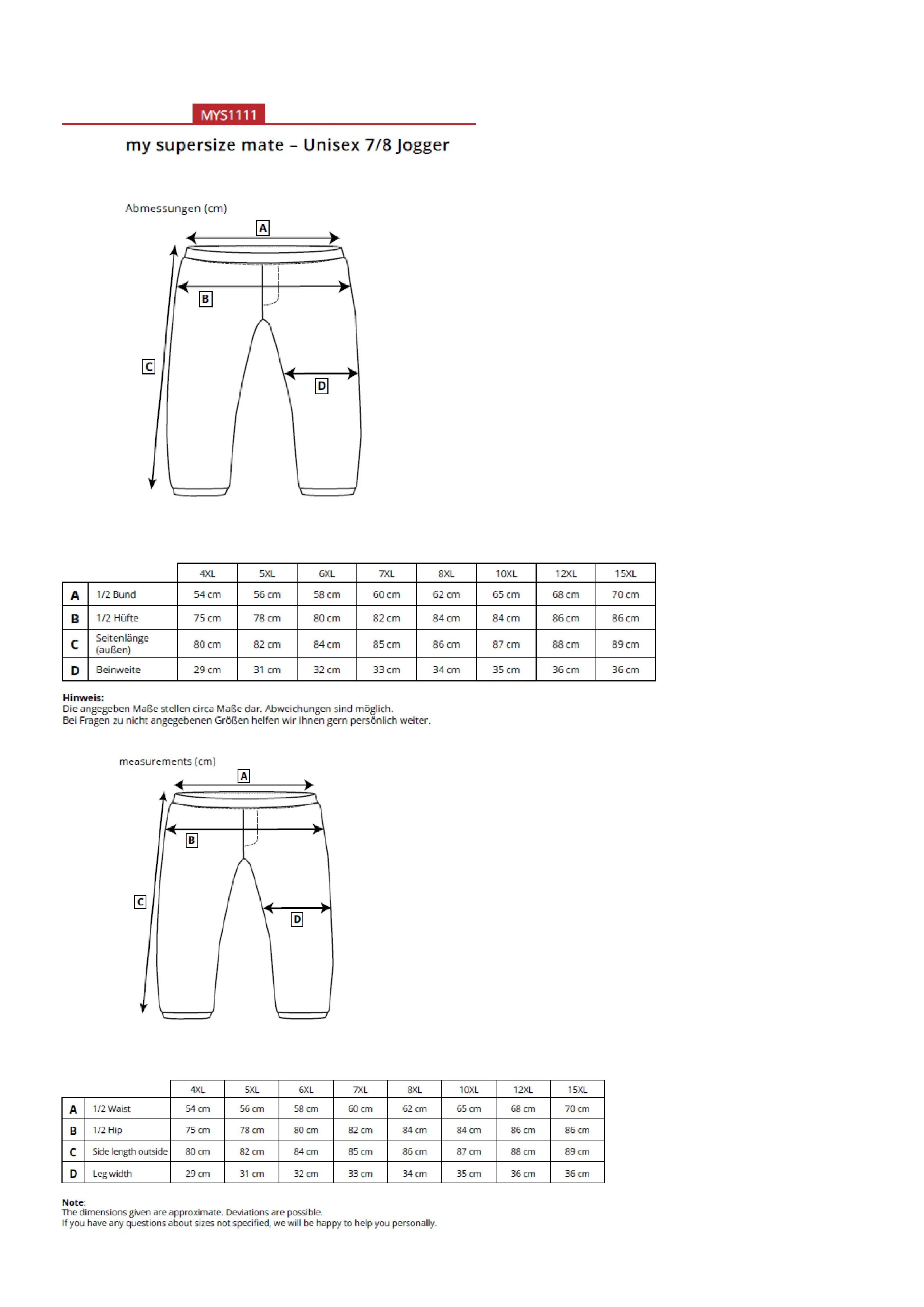 Größentabelle für Unisex 7/8 Jogger – MYS1111