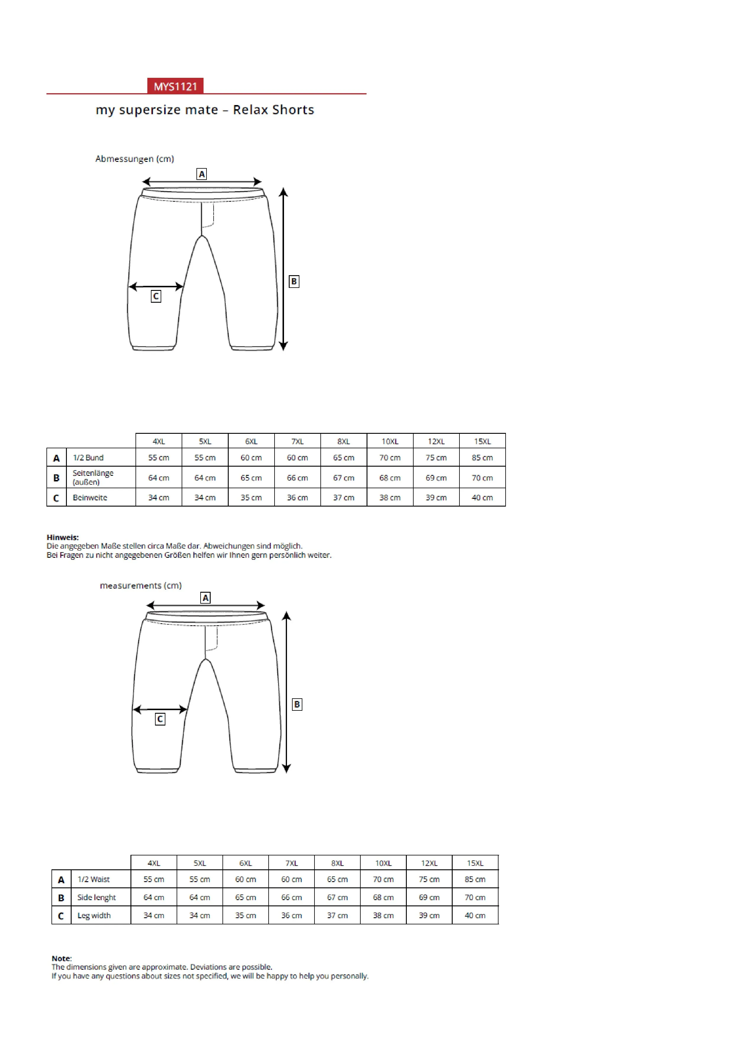 Größentabelle für Unisex Relaxshorts – MYS1121
