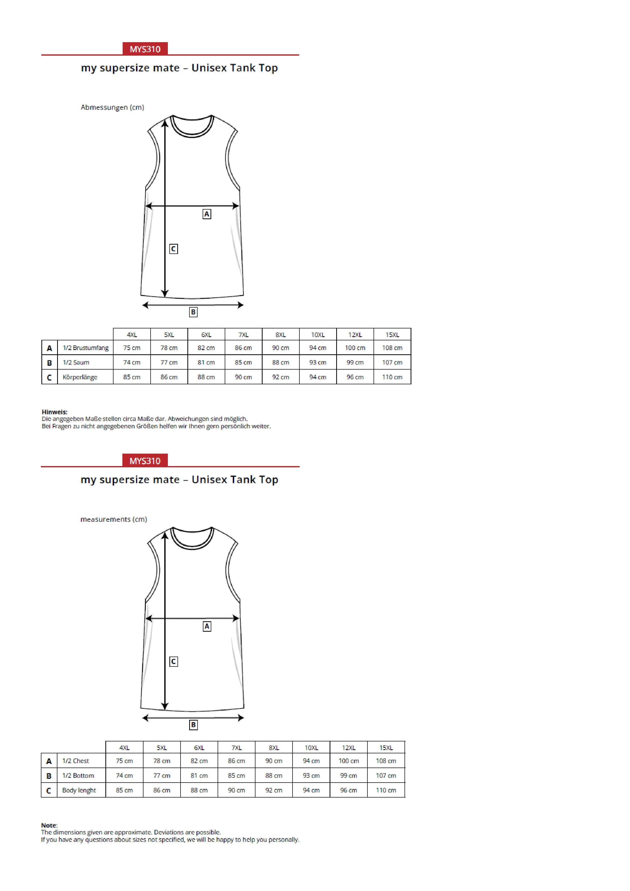 Größentabelle für Unisex Tank Top – MYS310