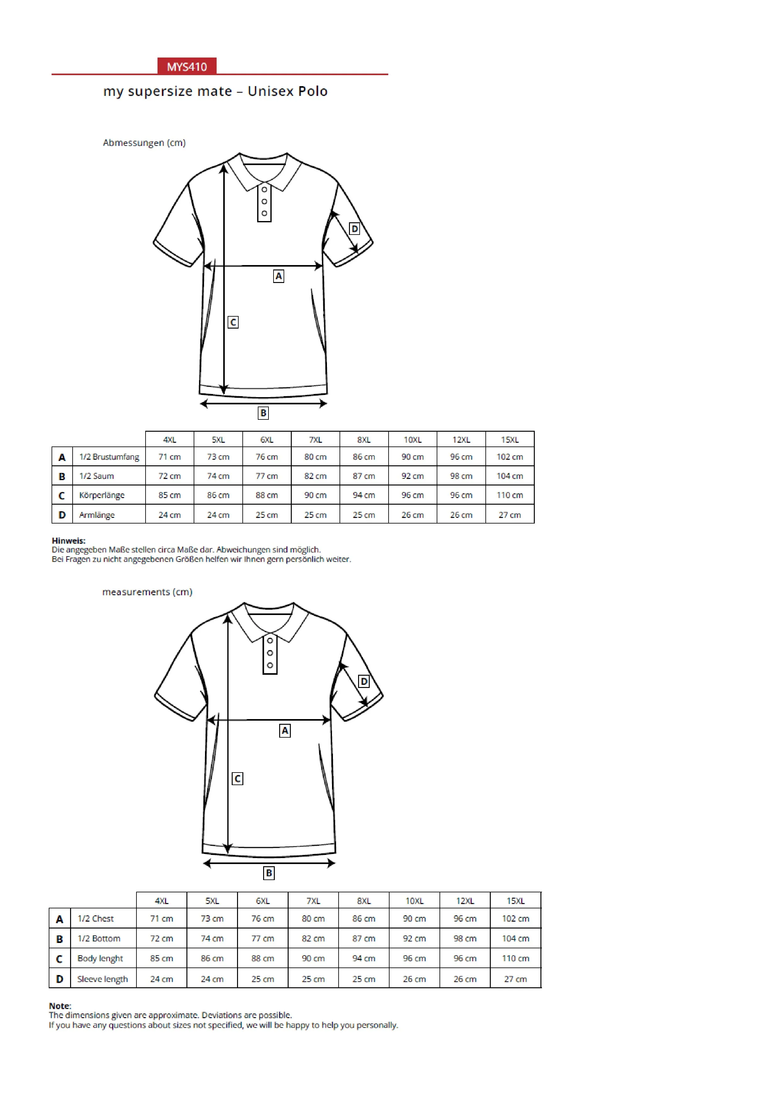 Größentabelle für Unisex Polo – MYS410