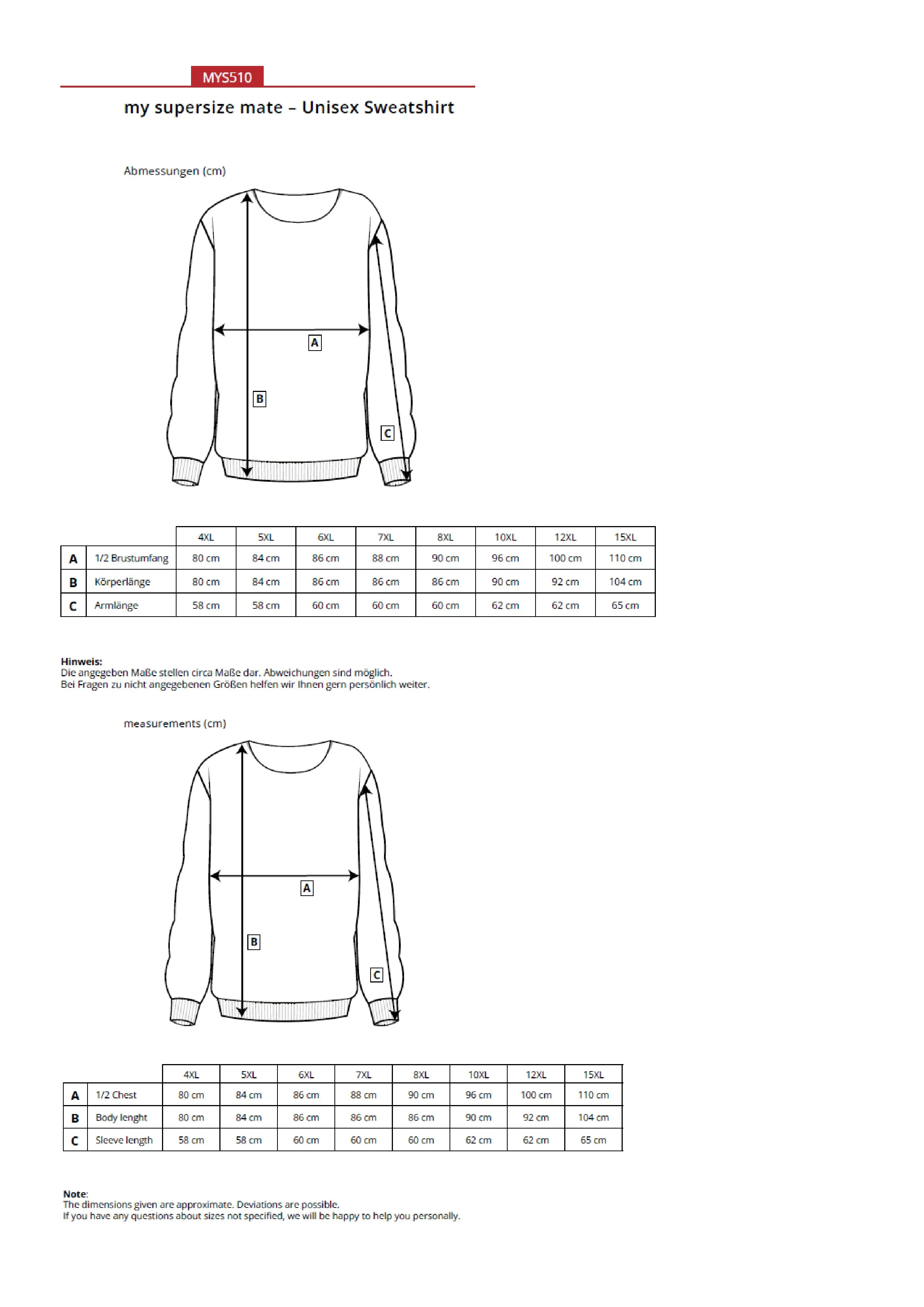Größentabelle für Unisex Sweatshirt – MYS510