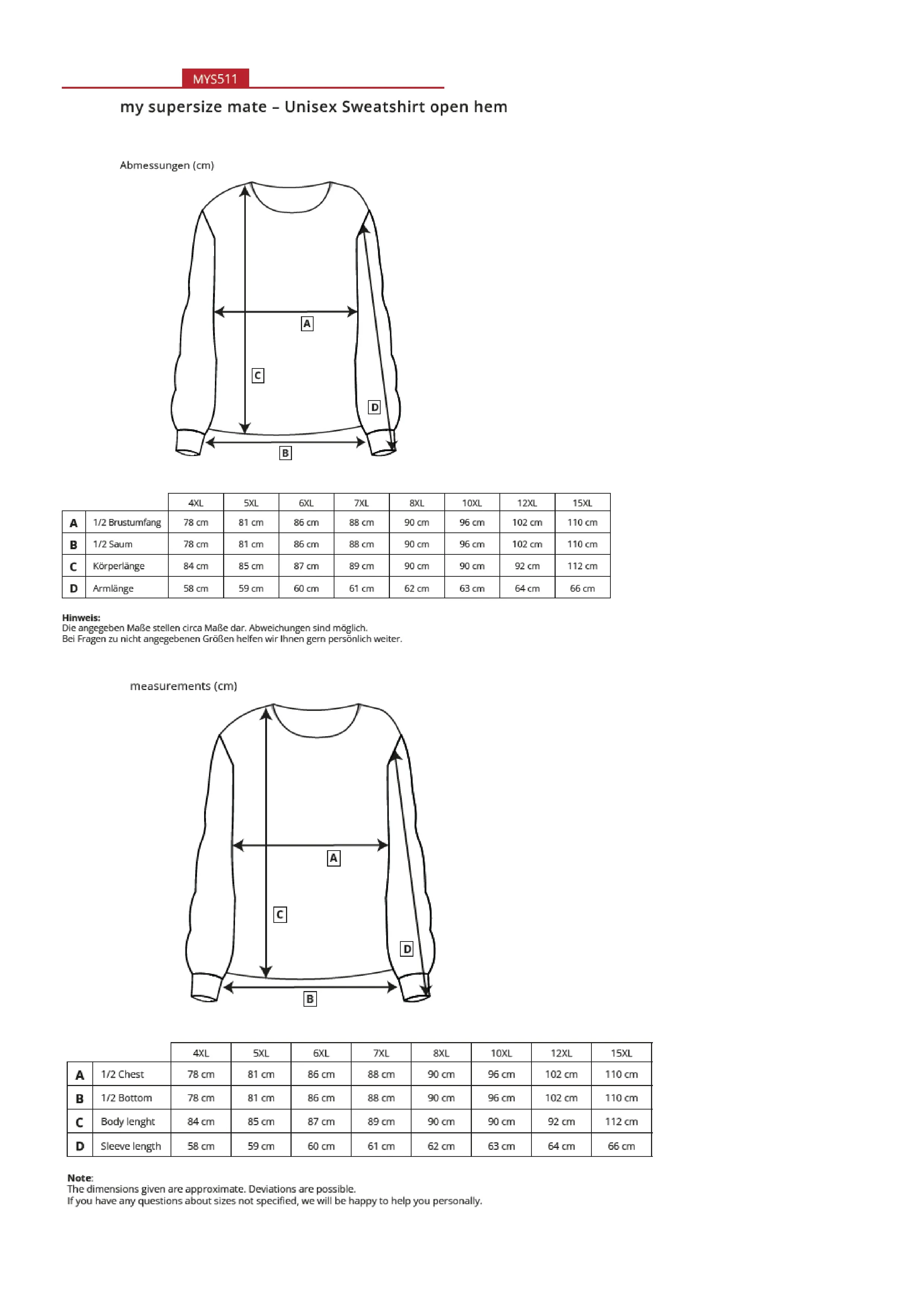 Größentabelle für Unisex Sweatshirt open Hem – MYS511