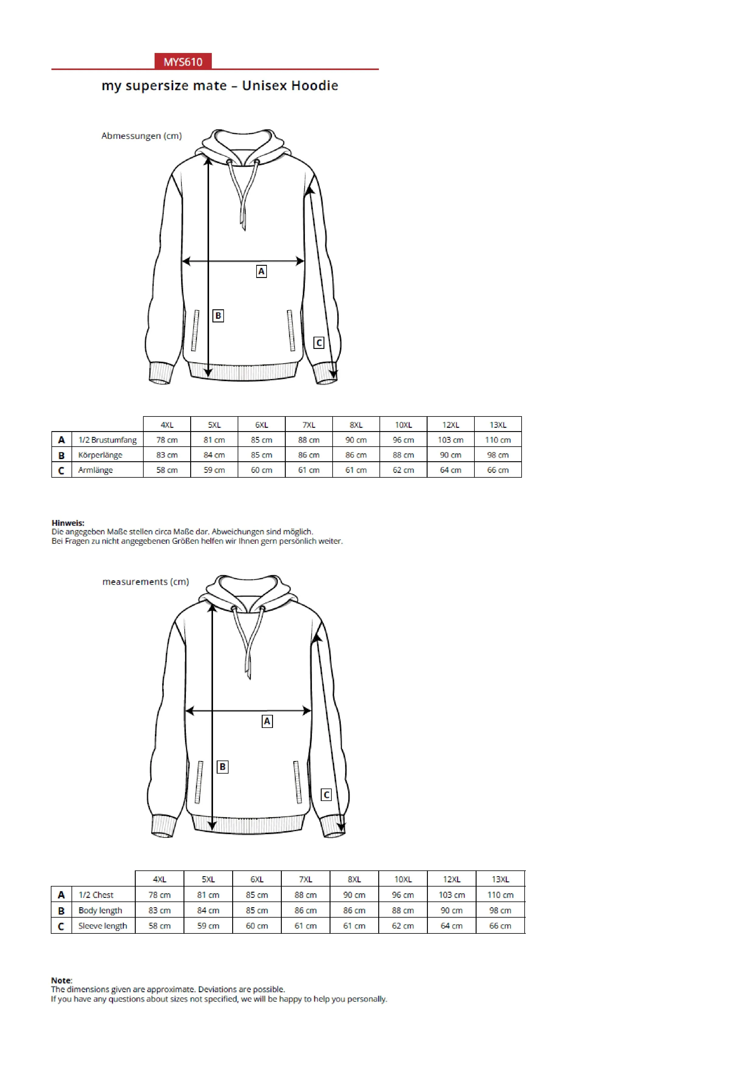 Größentabelle für Unisex Hoodie – MYS610