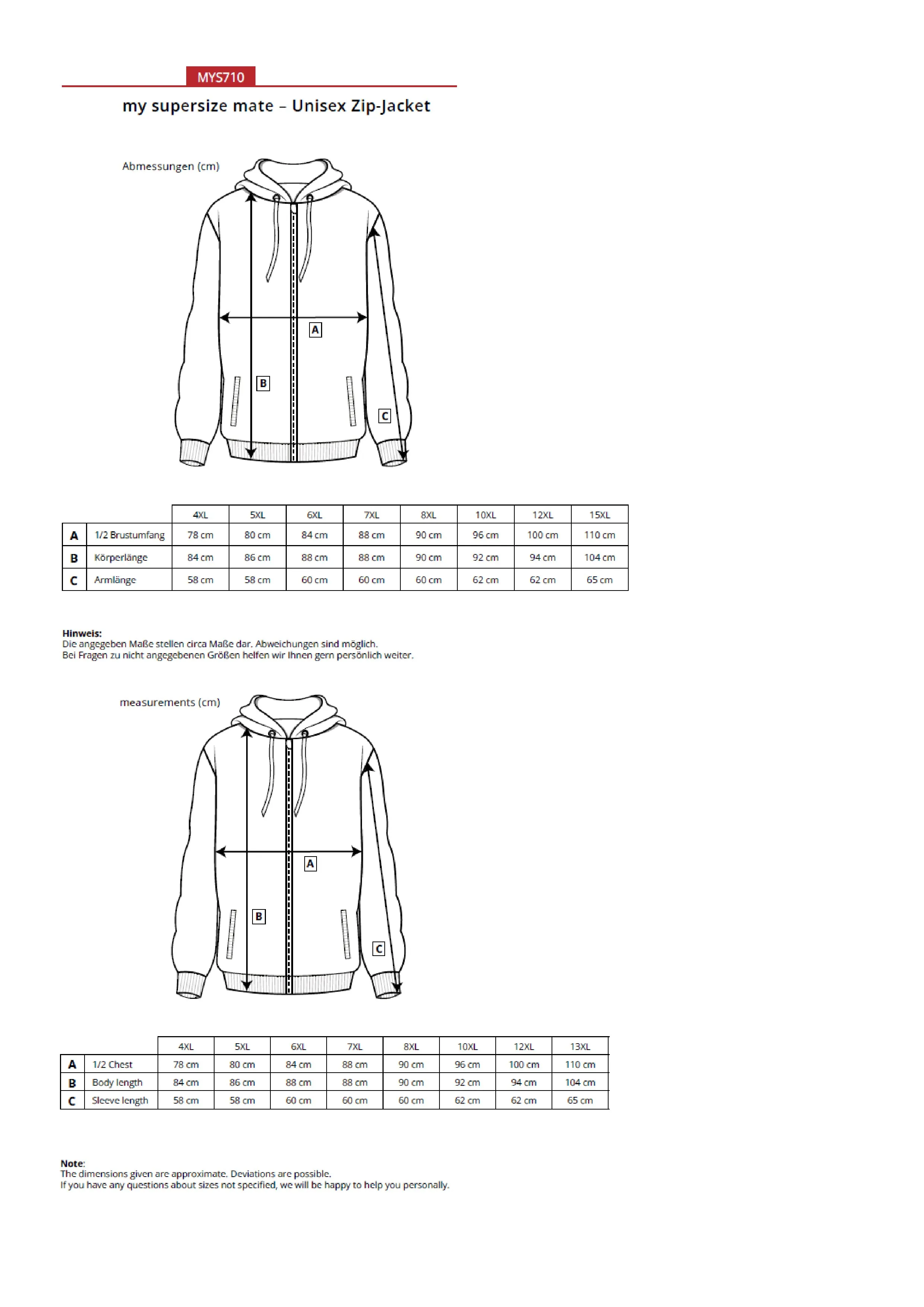 Größentabelle für Unisex Zip-Jacket – MYS710