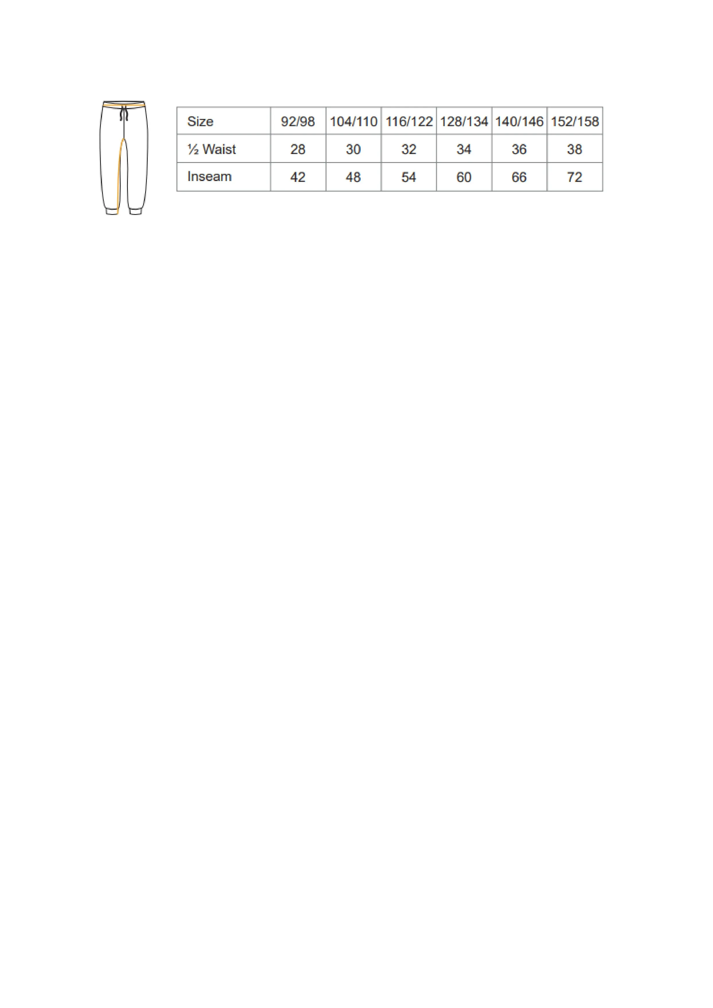 Größentabelle für Kids´ Sweatpants – NE34001K