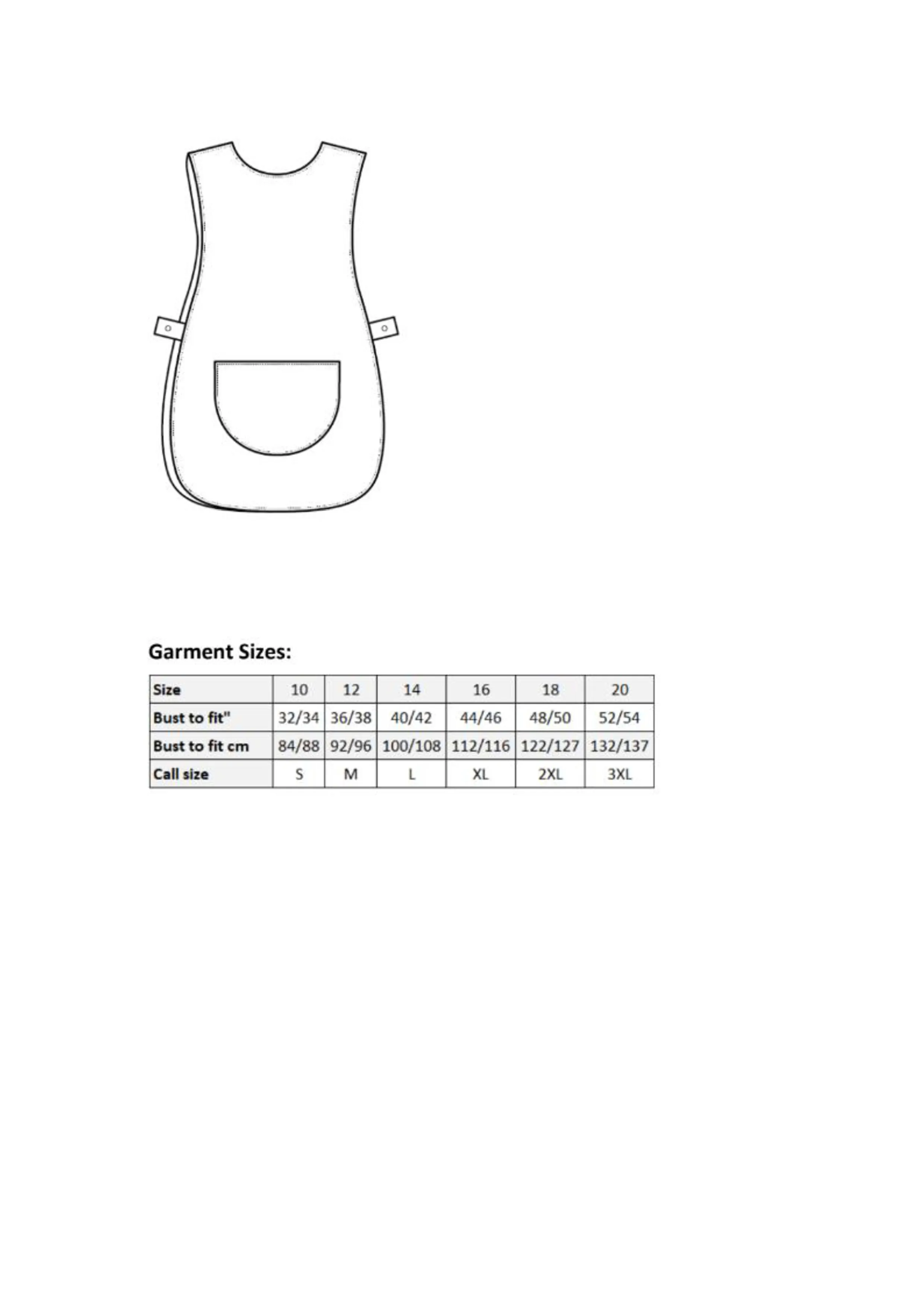 Größentabelle für Women´s Pocket Tabard – PW171