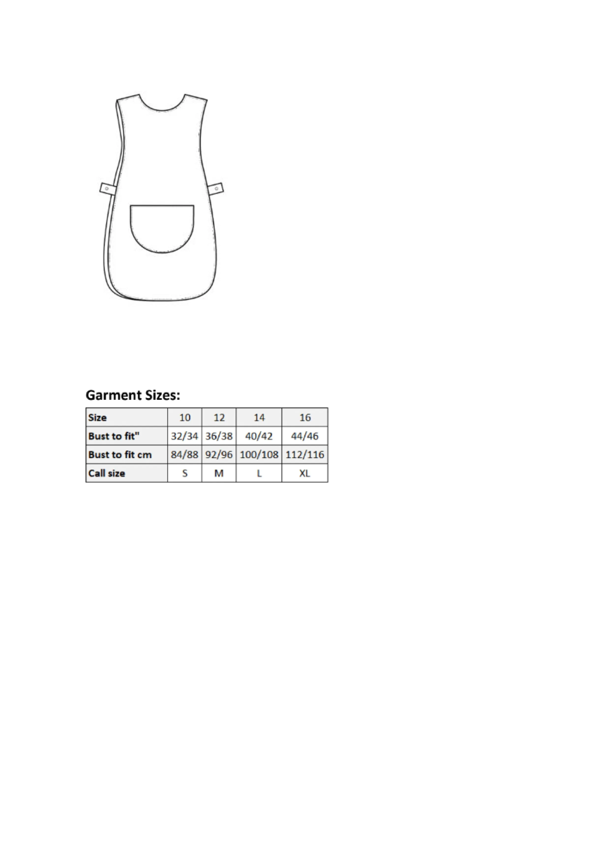 Größentabelle für Women´s Long Pocket Tabard – PW172