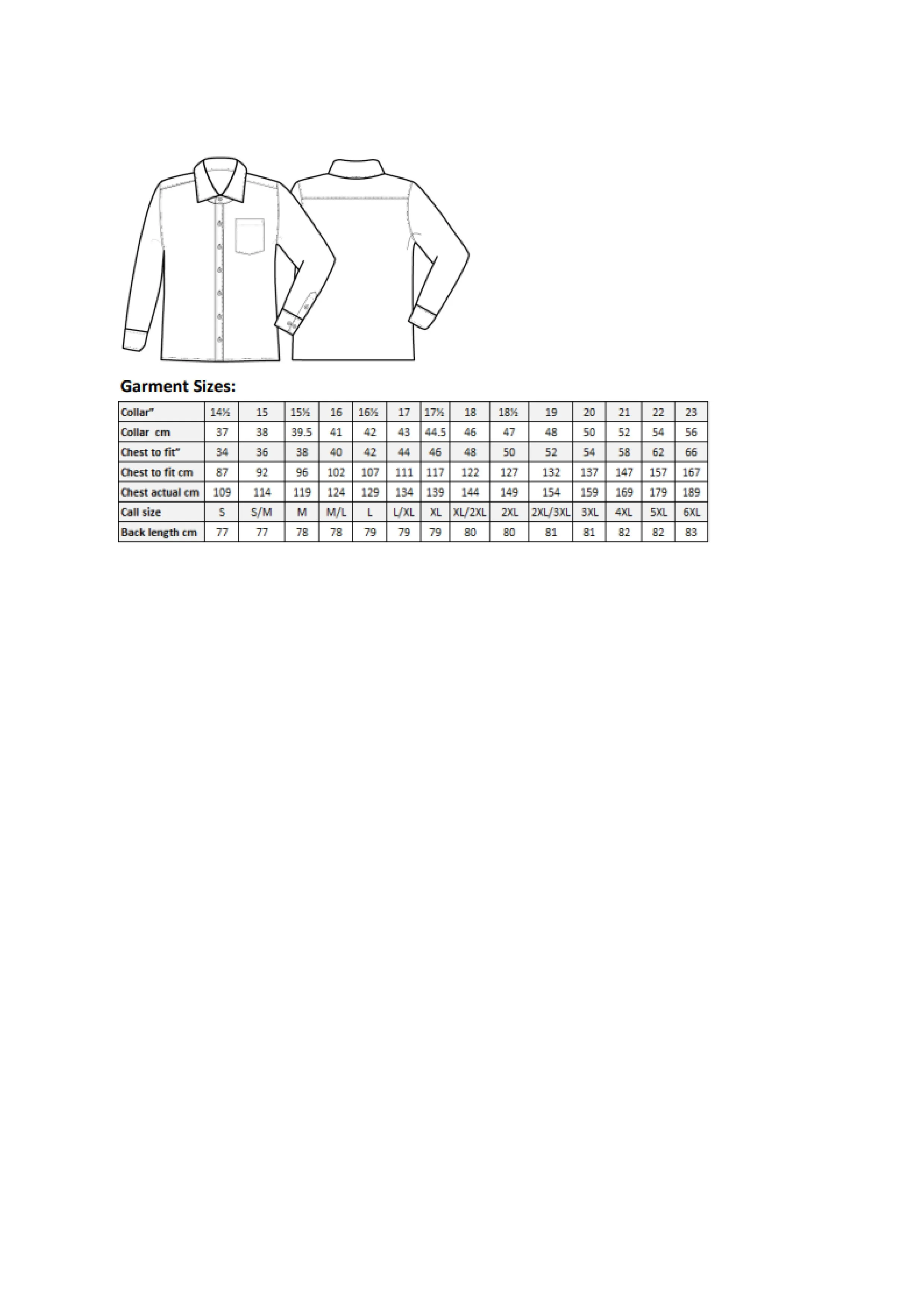 Größentabelle für Men´s Poplin Long Sleeve Shirt – PW200