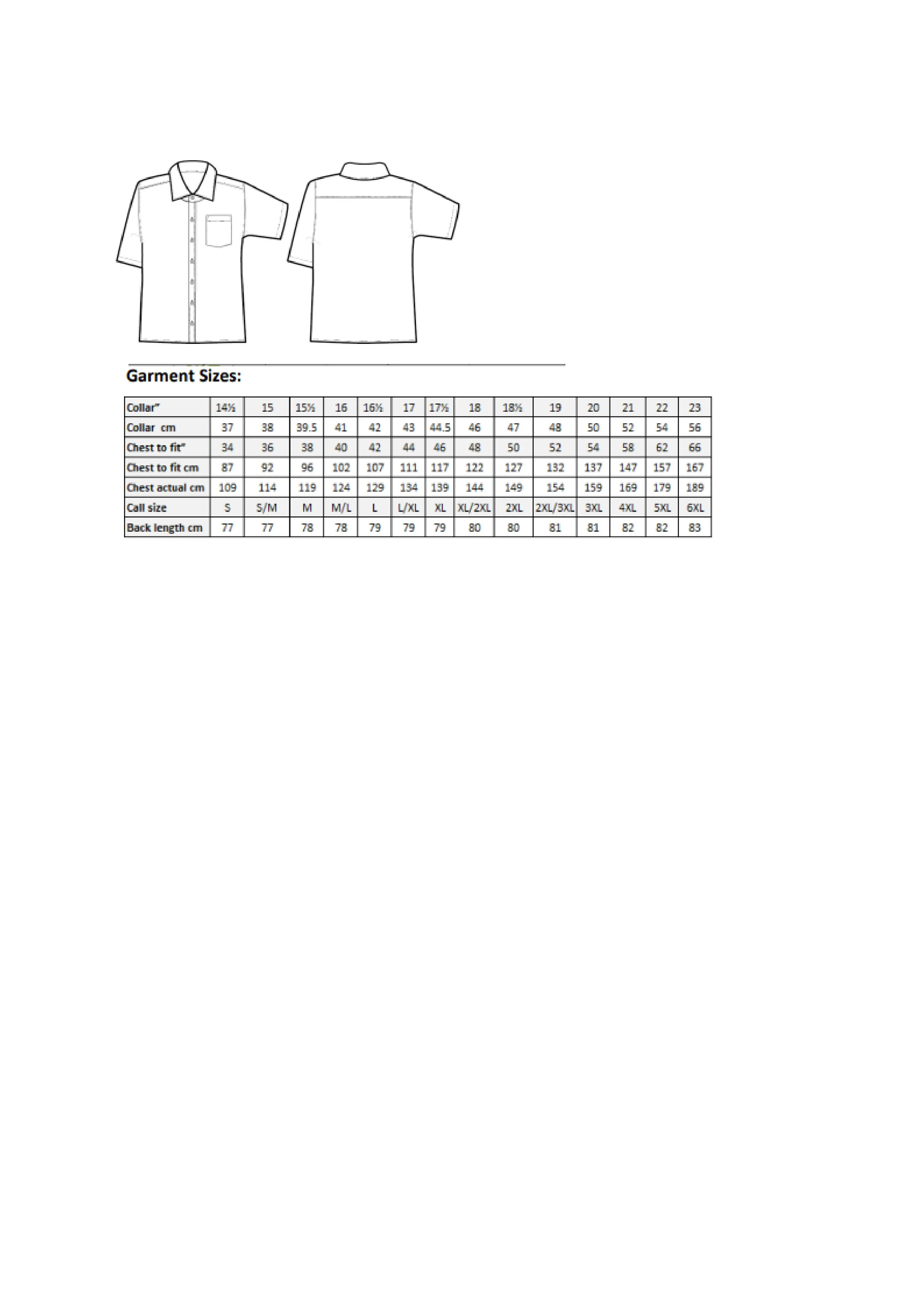 Größentabelle für Men´s Poplin Short Sleeve Shirt – PW202