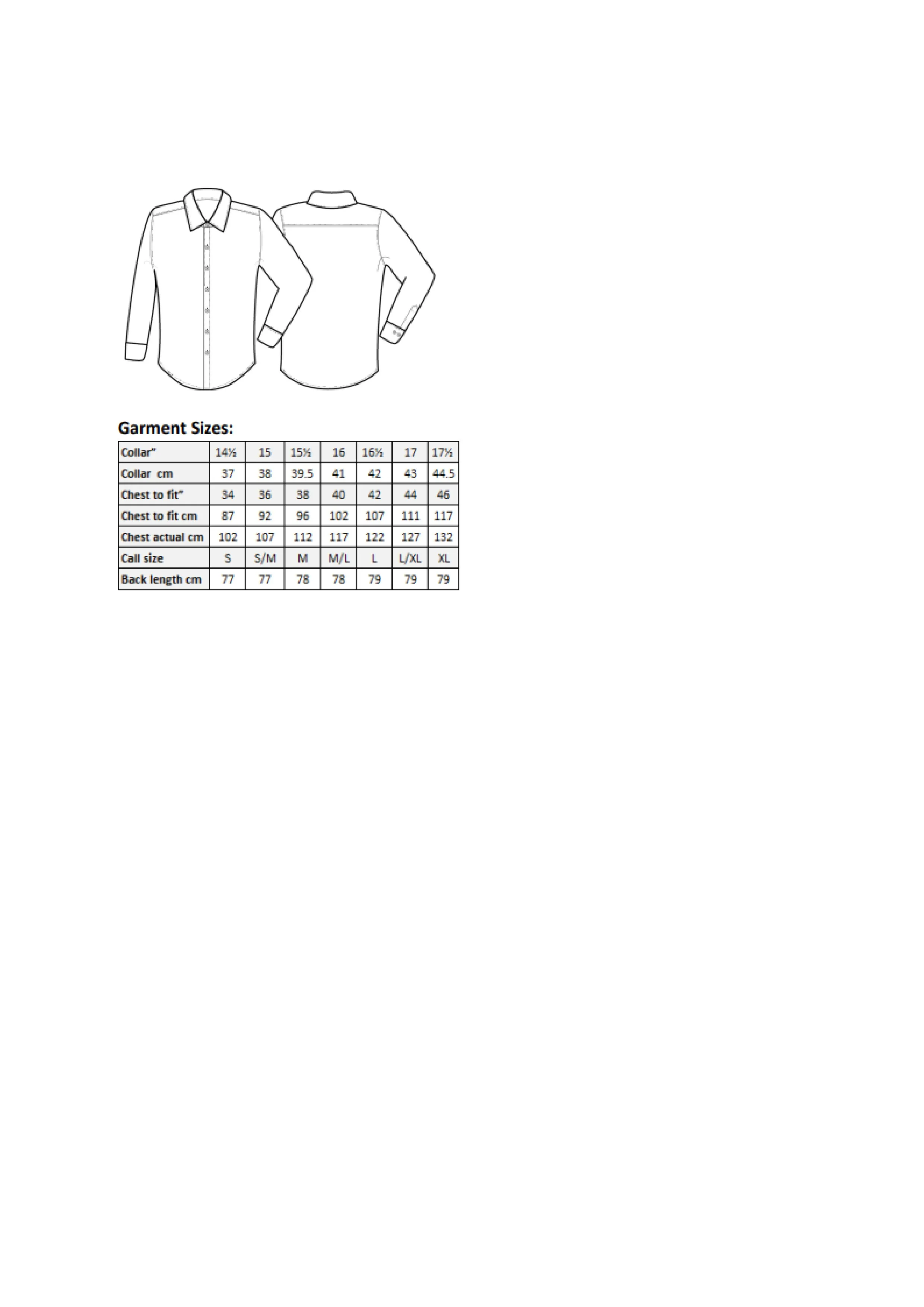 Größentabelle für Men´s Long Sleeve Fitted Poplin Shirt – PW204