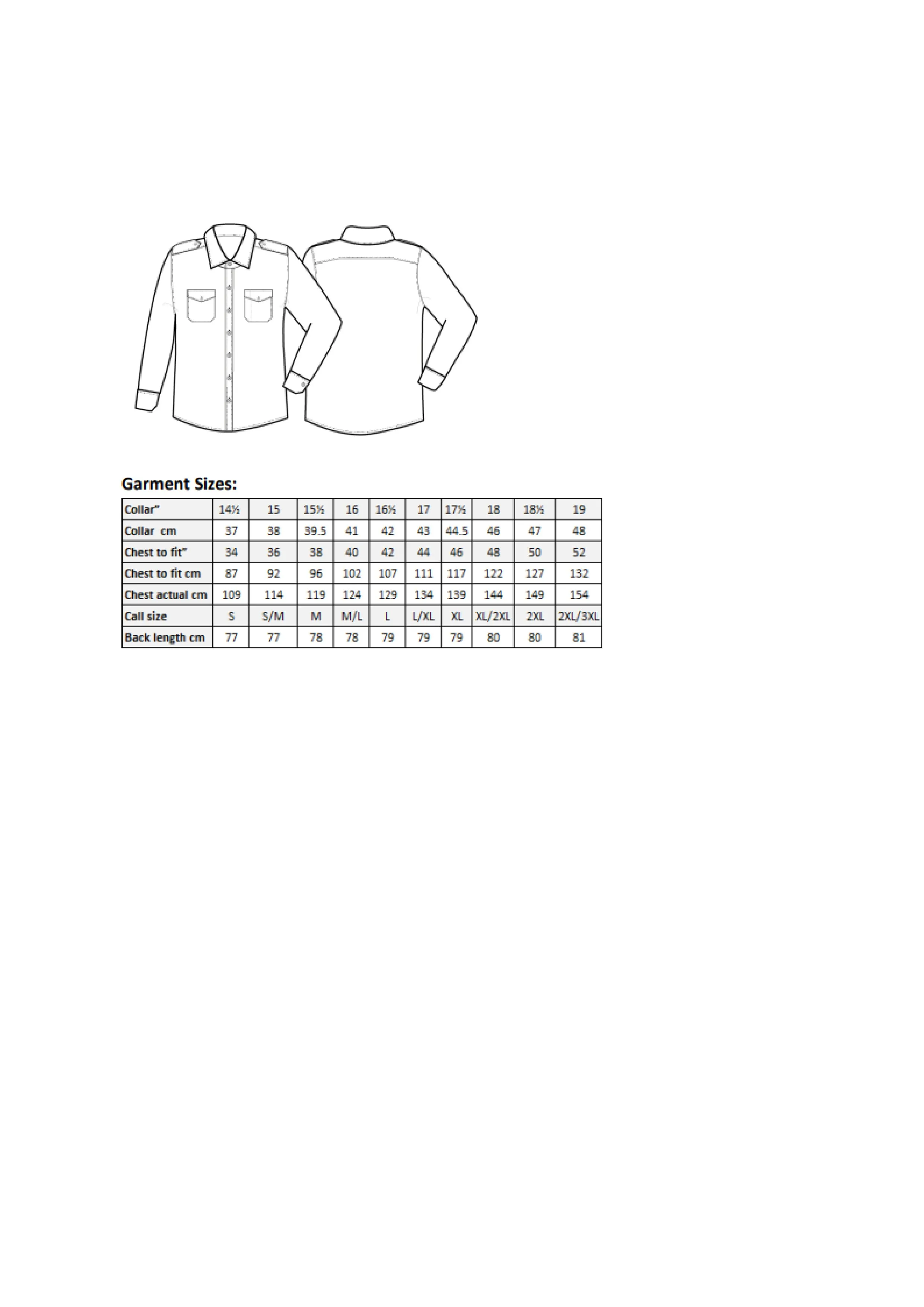 Größentabelle für Pilot Shirt Long Sleeve – PW210
