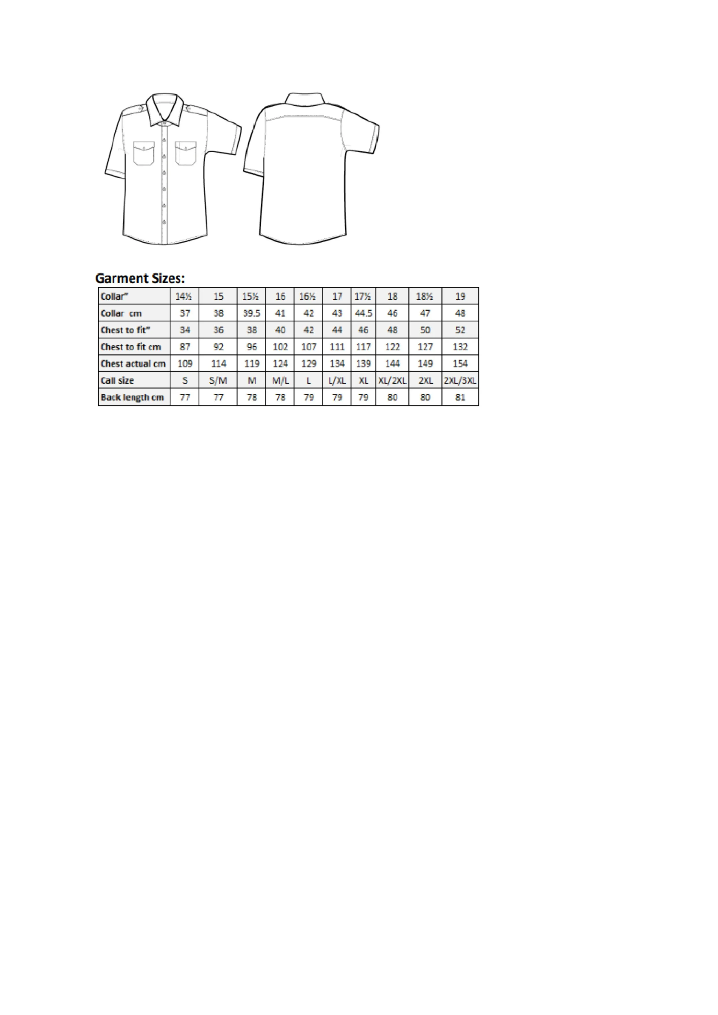 Größentabelle für Pilot Shirt Short Sleeve – PW212
