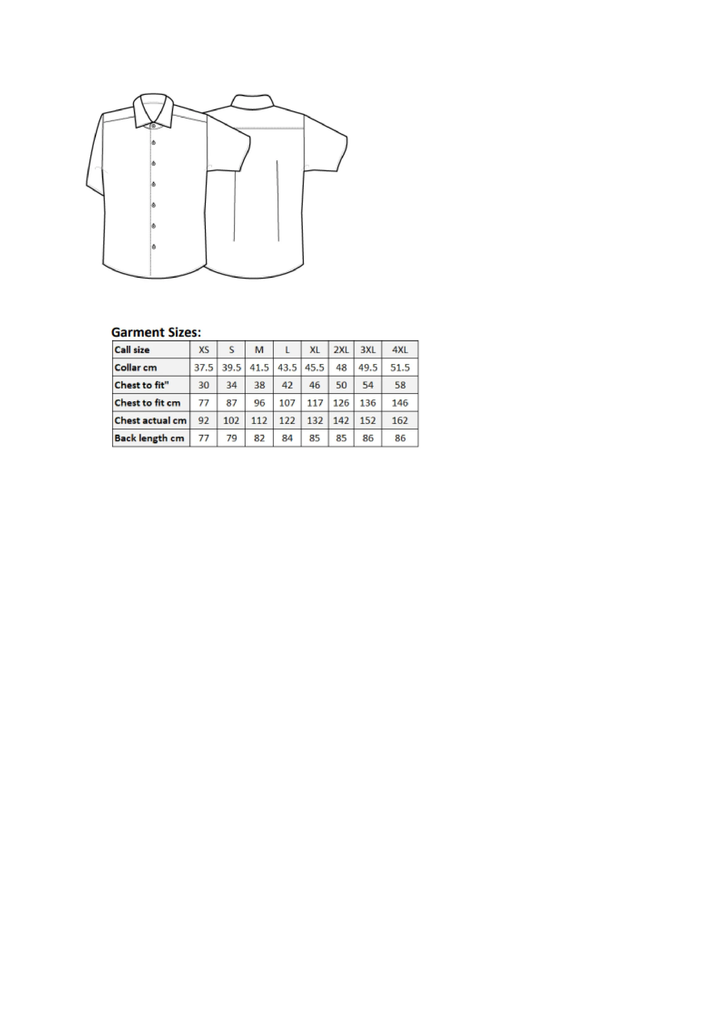 Größentabelle für Men´s Stretch Fit Poplin Short Sleeve Cotton Shirt – PW246