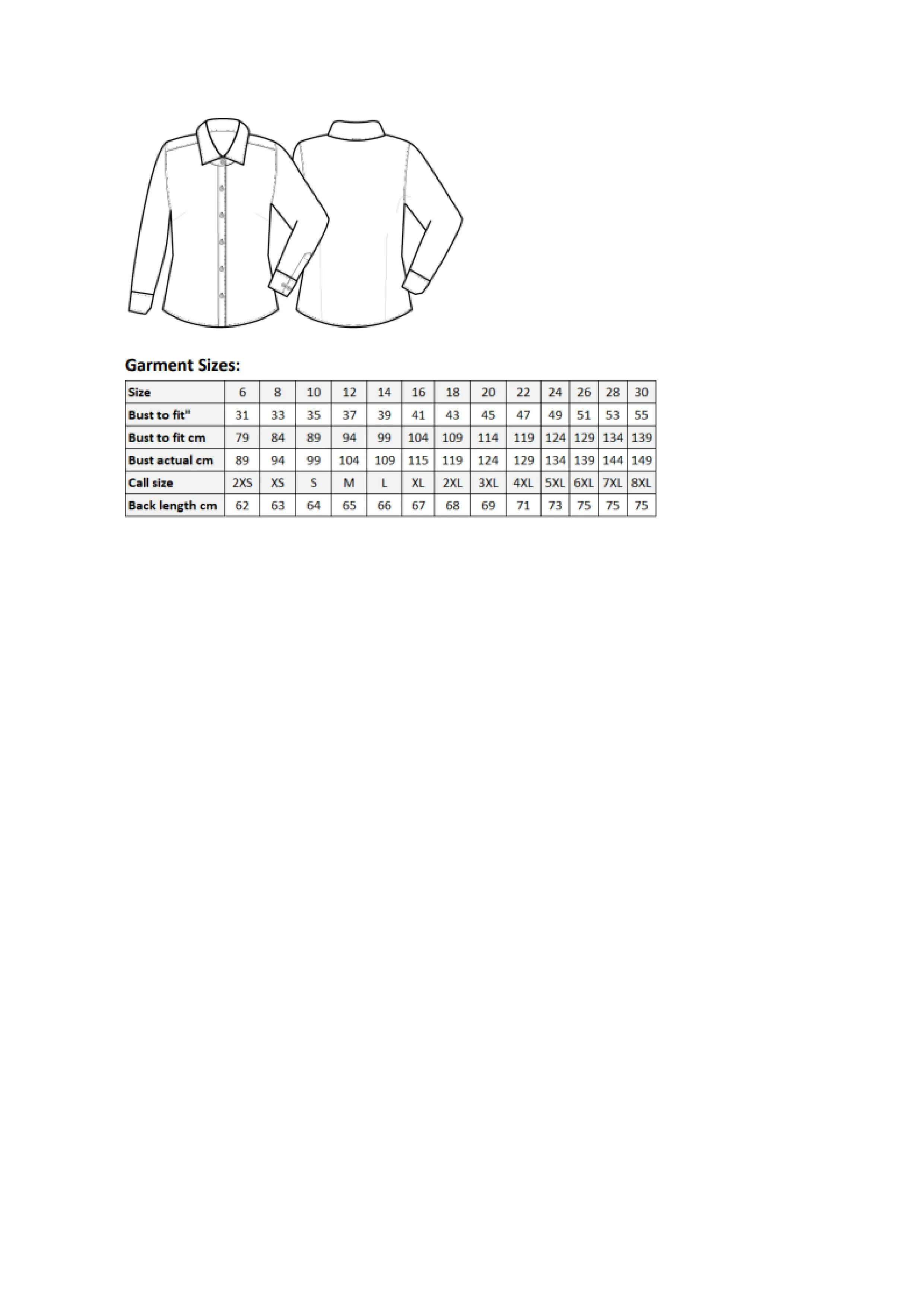 Größentabelle für Women´s Poplin Long Sleeve Blouse – PW300